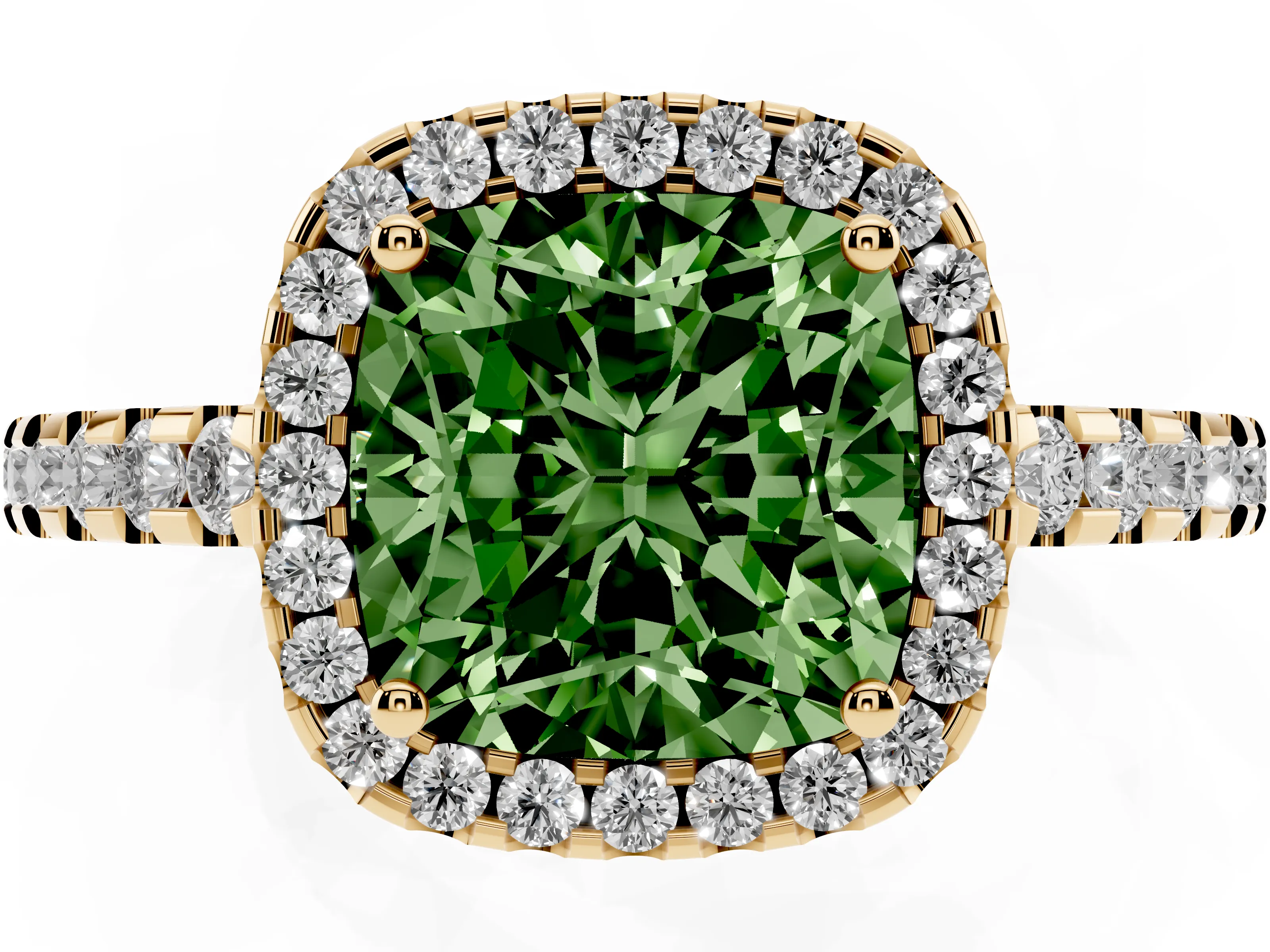 Fancy Green Cushion Cut Diamond Halo Ring Set in Yellow gold with Pavé Shoulders and Halo-Framed Center
