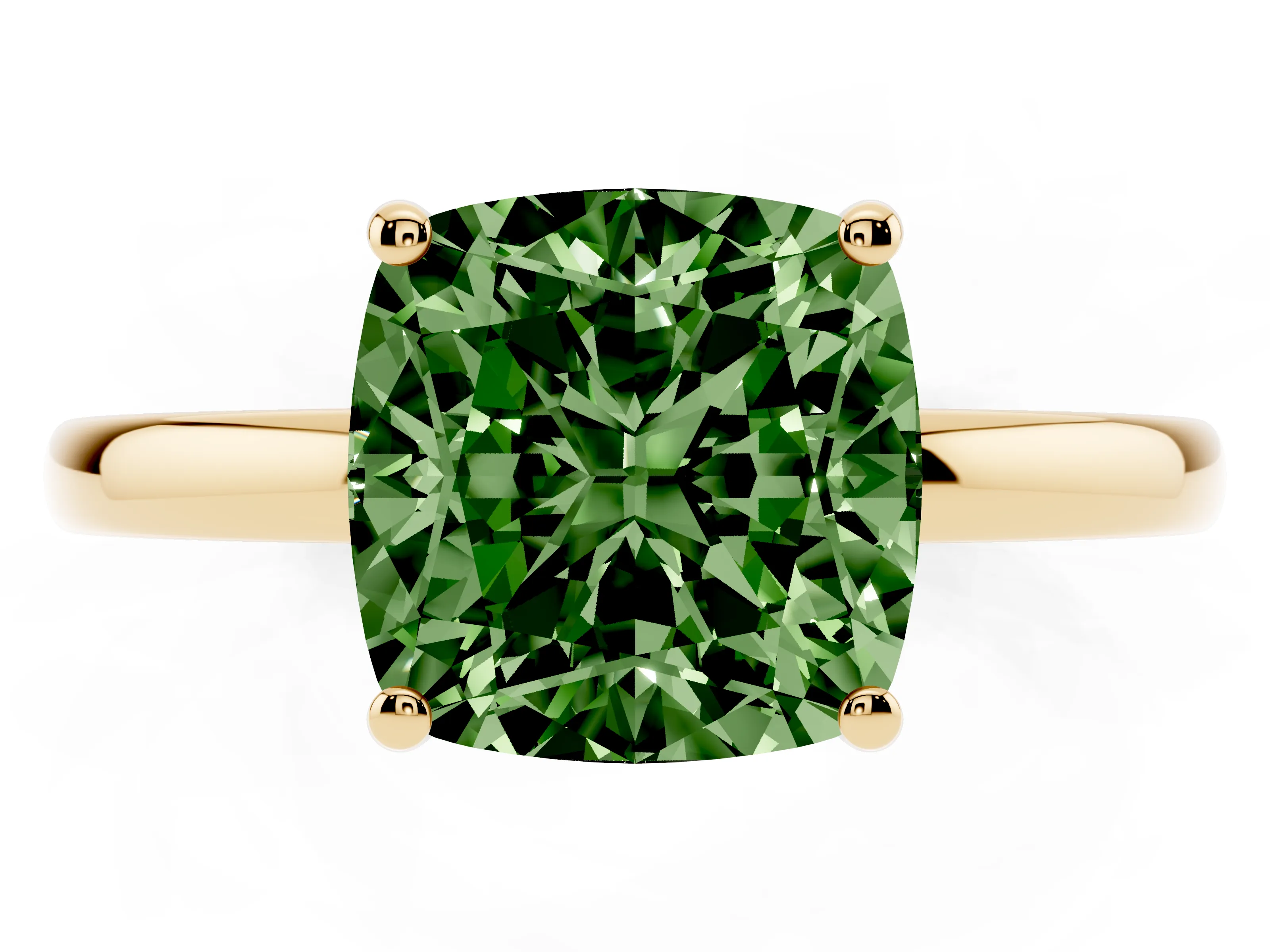 Fancy Green Cushion Cut Diamond Solitaire Ring Set in Yellow gold with Plain Band and Prong Setting