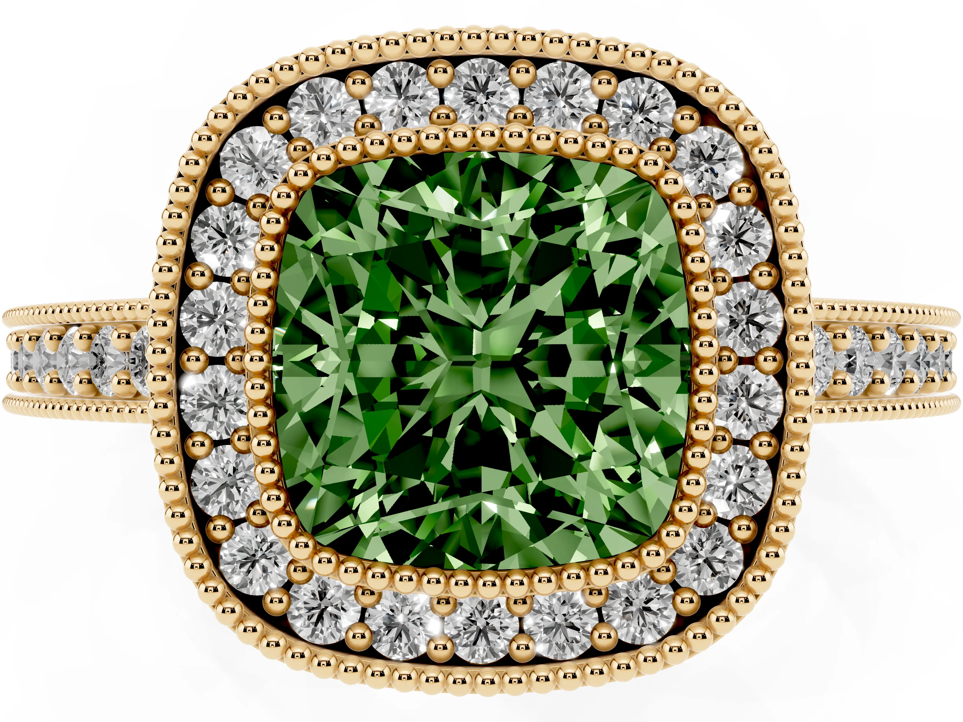 Fancy Green Cushion Cut Diamond Halo Engagement Ring Set in Yellow gold with Pavé Band and Round Halo Stones