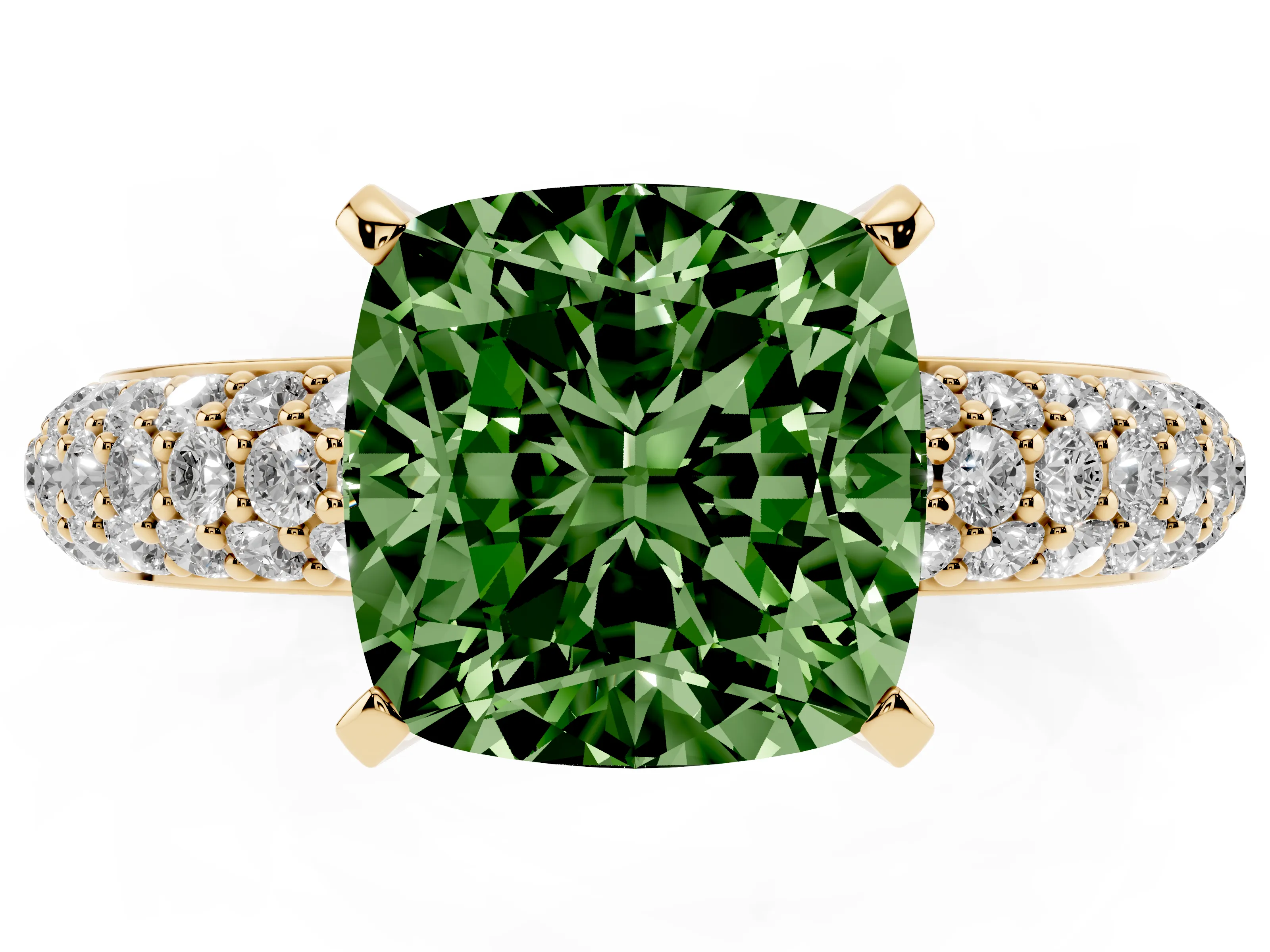 Fancy Green Cushion Cut Diamond Solitaire Ring Set in Yellow gold with Prong Setting and Pavé-Set Band