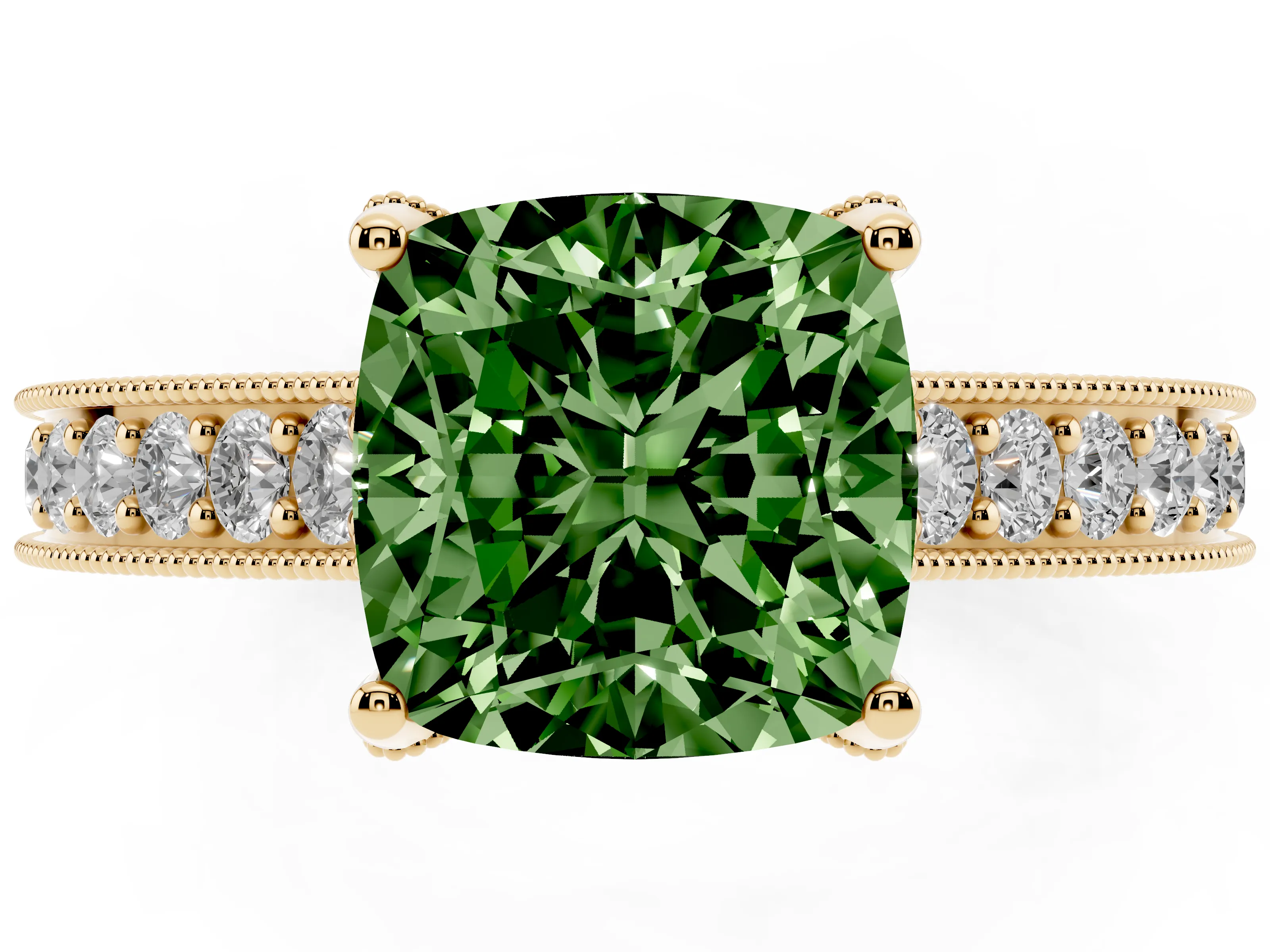 Fancy Green Cushion Cut Diamond Solitaire Ring Set in Yellow gold with Milgrain-Edged Pavé Band and Prong Setting