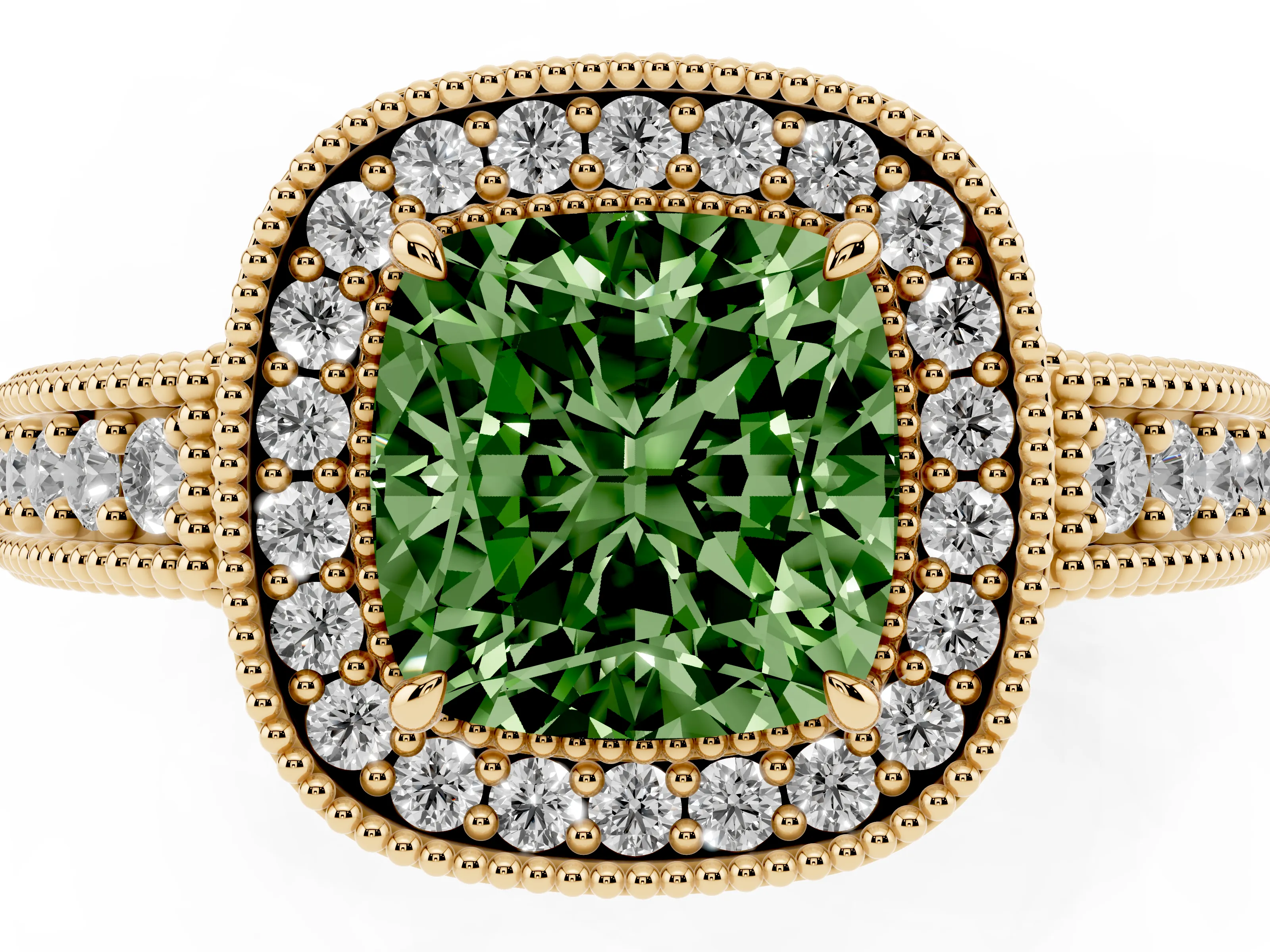 Fancy Green Cushion Cut Diamond Halo Ring Set in Yellow gold with Round Accent Halo, Pavé Band and Prong Setting