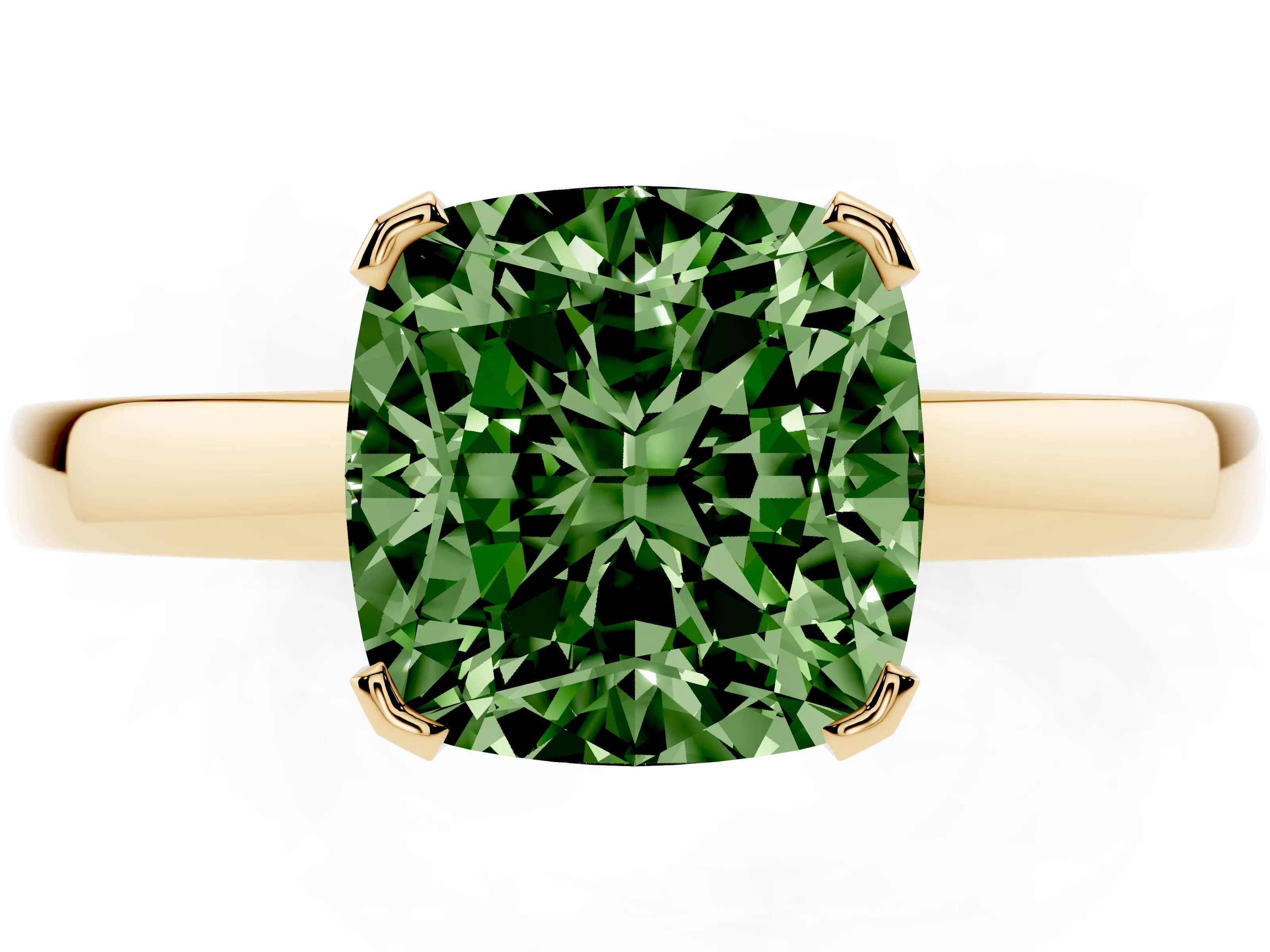Fancy Green Cushion Cut Diamond Solitaire Ring Set in Yellow gold with Prong Head and Smooth Polished Band