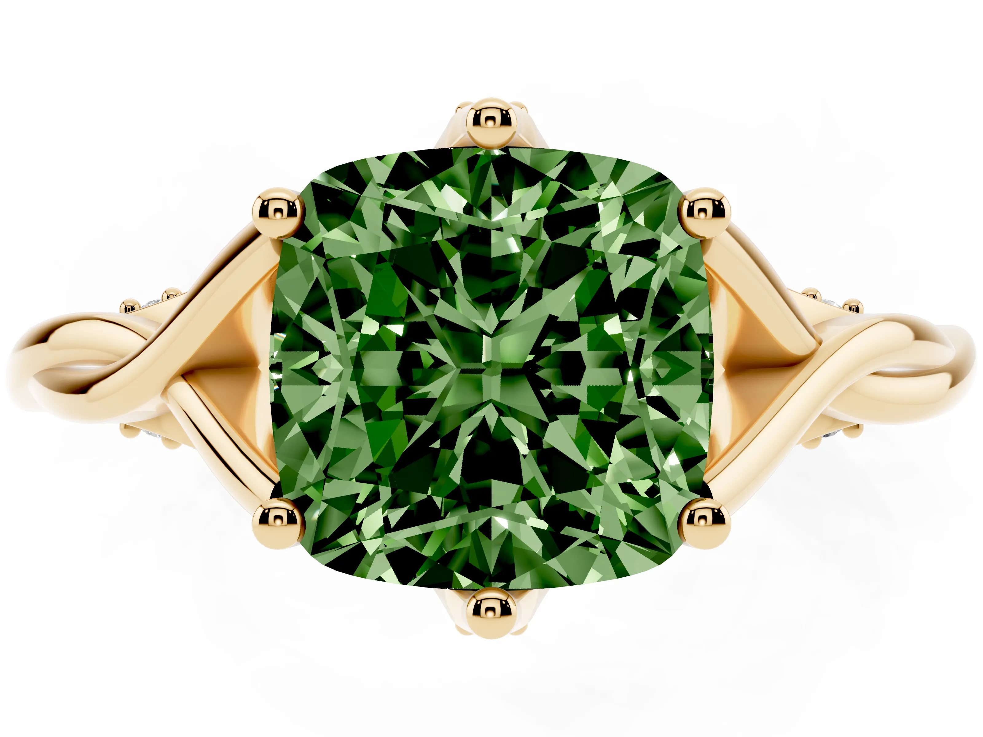 Fancy Green Cushion Cut Diamond Intertwined Twist Band Solitaire Ring Set in Yellow gold with Prong Setting