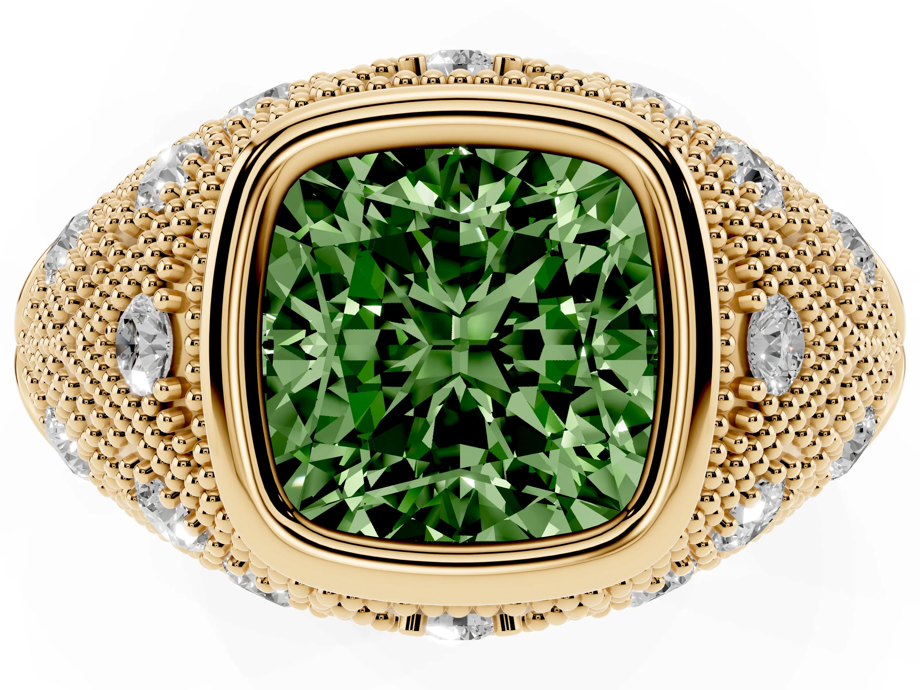 Fancy Green Cushion Cut Diamond Bezel Ring Set in Yellow gold with Milgrain Accent Band