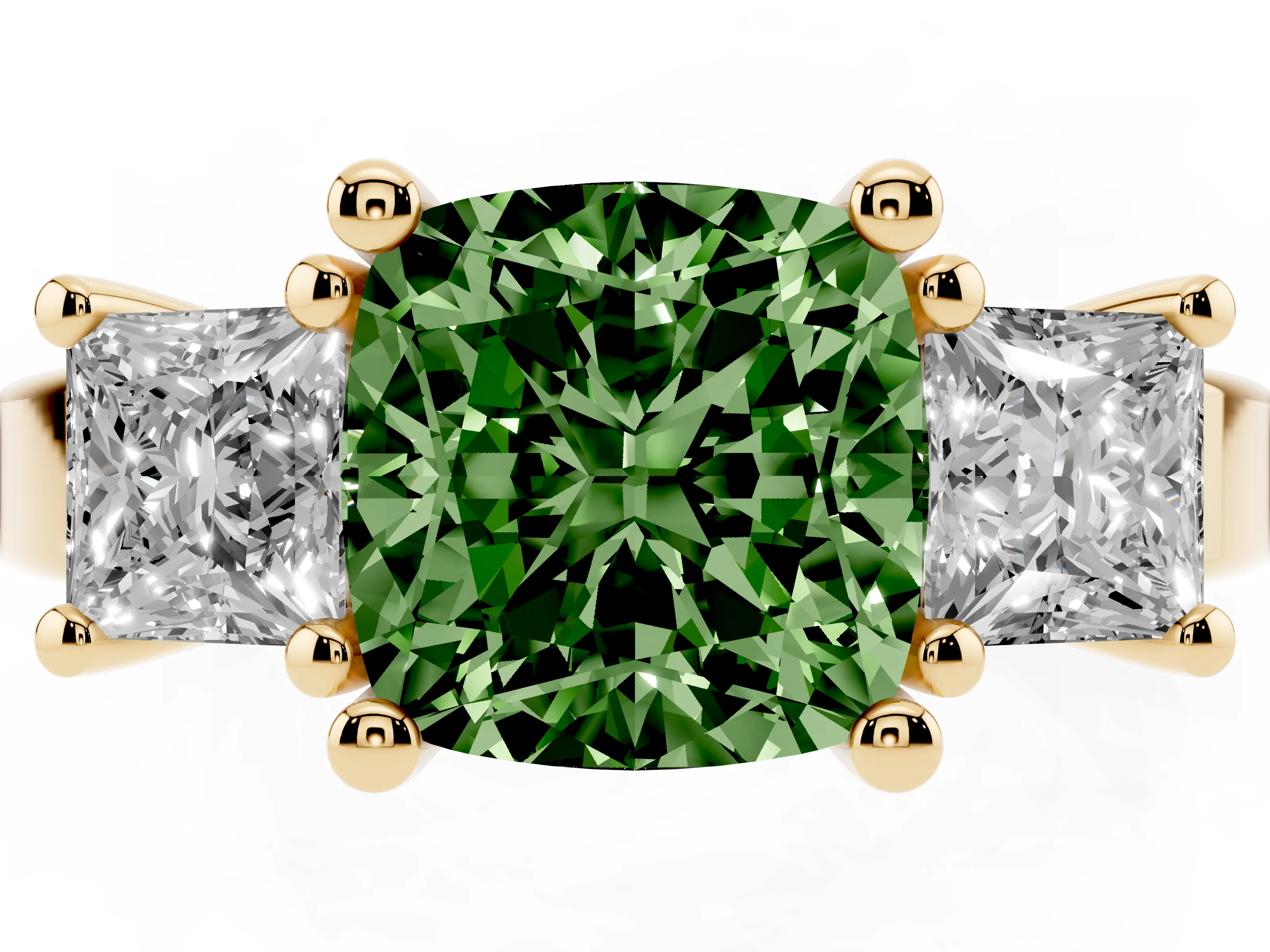 Fancy Green Three-Stone Cushion Cut Diamond Solitaire Ring Set in Yellow gold with Prong Setting