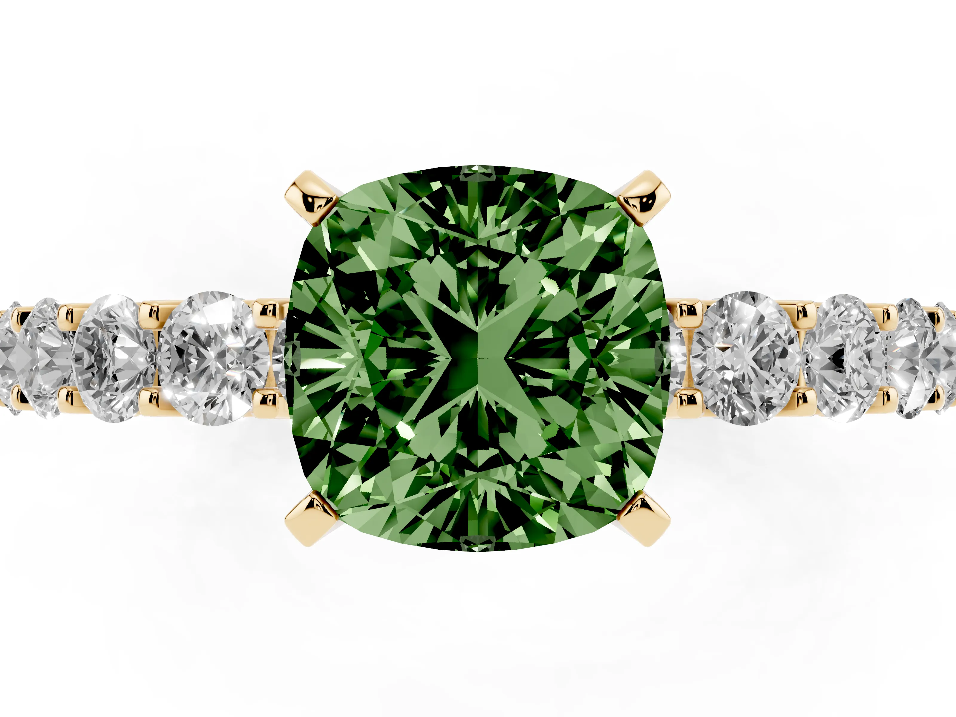 Fancy Green Cushion Cut Diamond Solitaire Ring Set in Yellow gold with Shared Prong Pavé Band