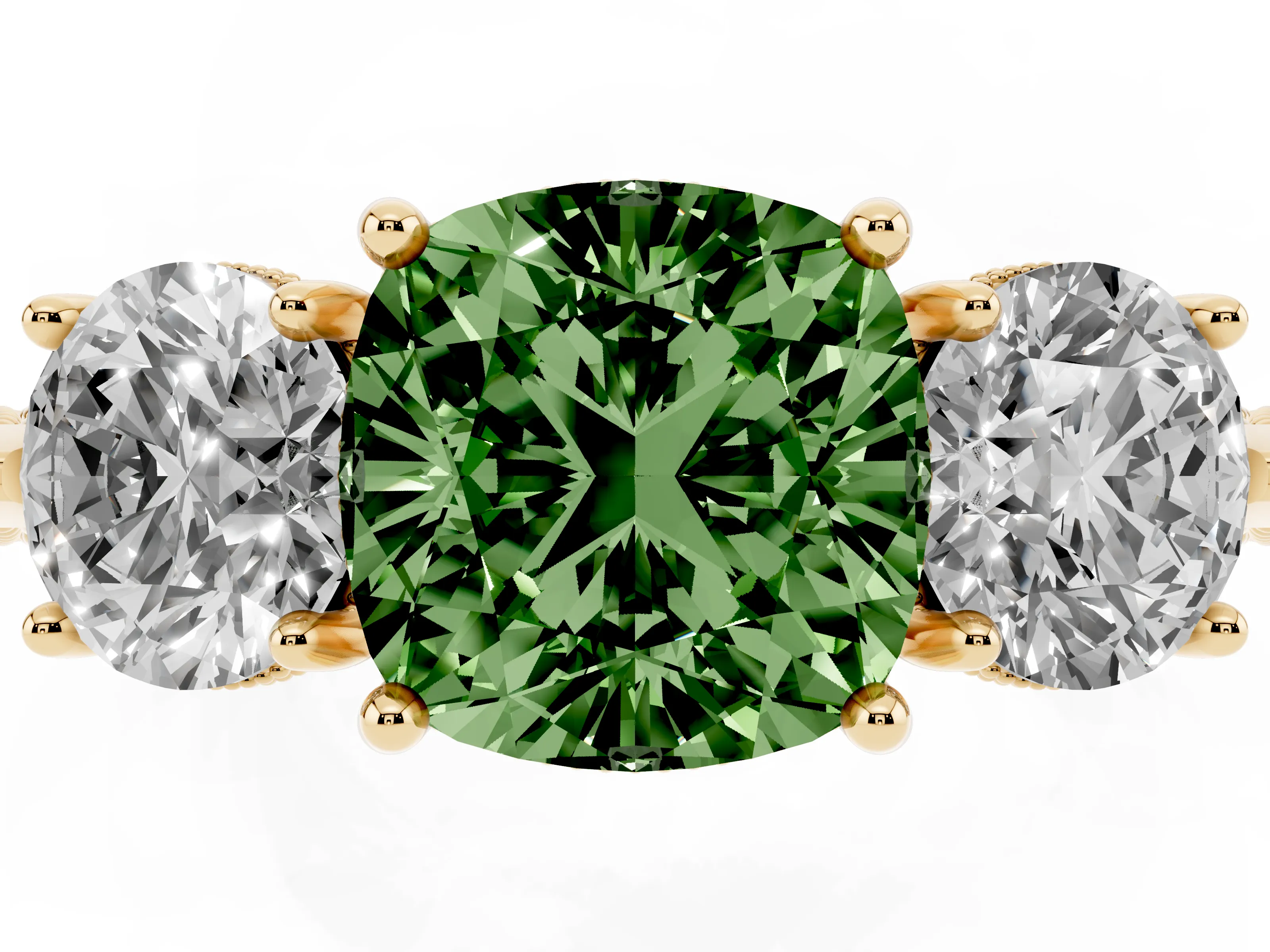 Fancy Green Cushion Cut Diamond Three-Stone Ring Set in Yellow gold with Milgrain Band