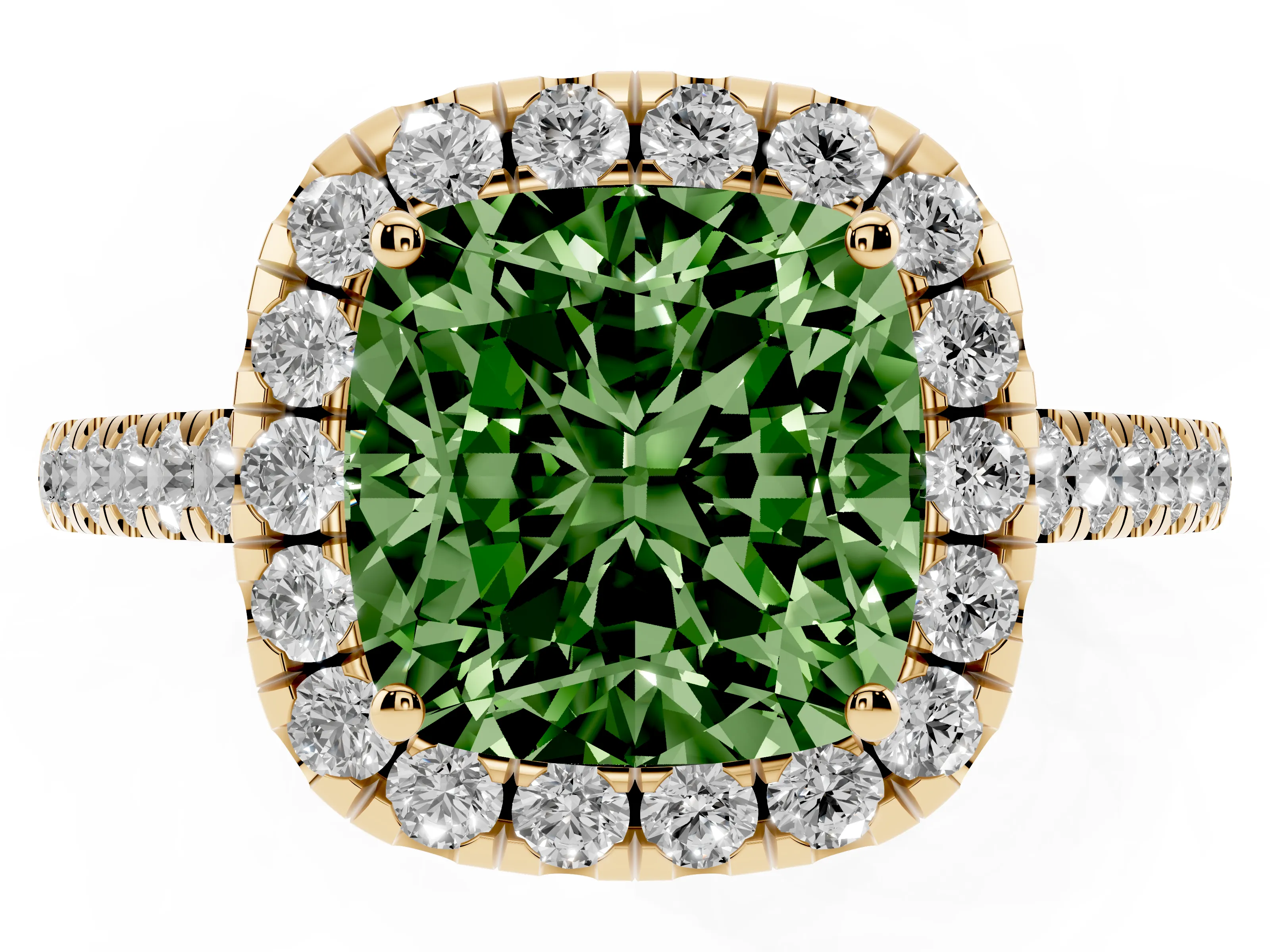 Fancy Green Cushion Cut Diamond Halo Pavé Engagement Ring Set in Yellow gold with Prong Setting