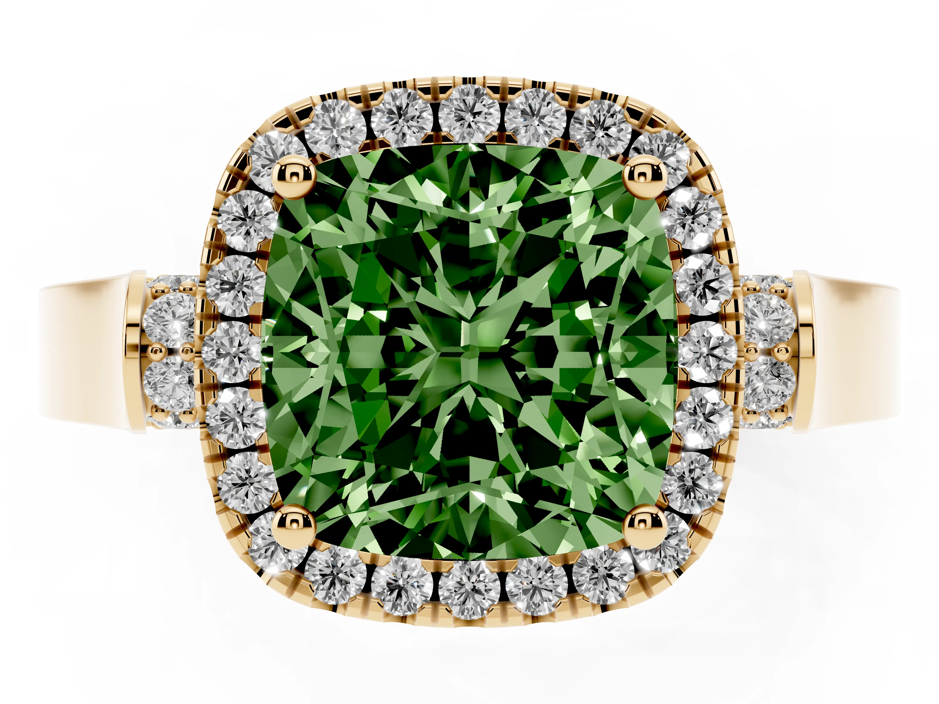 Fancy Green Cushion Cut Diamond Halo Ring Set in Yellow gold with Pavé-Lined Split Shank Band