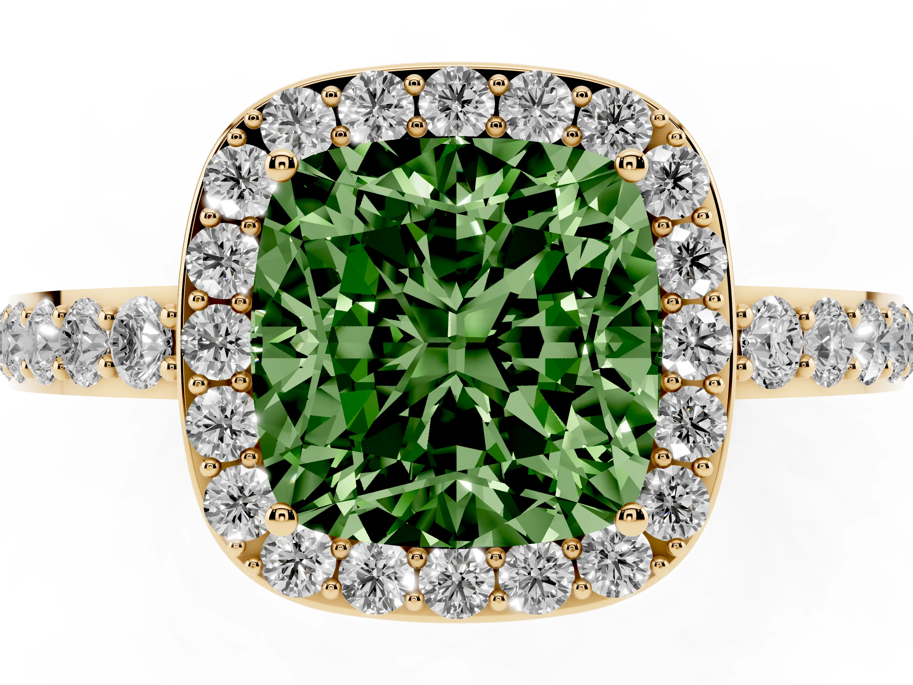 Fancy Green Cushion Cut Diamond Halo Ring Set in Yellow gold with Pavé-Setting Band and Open Prong Center