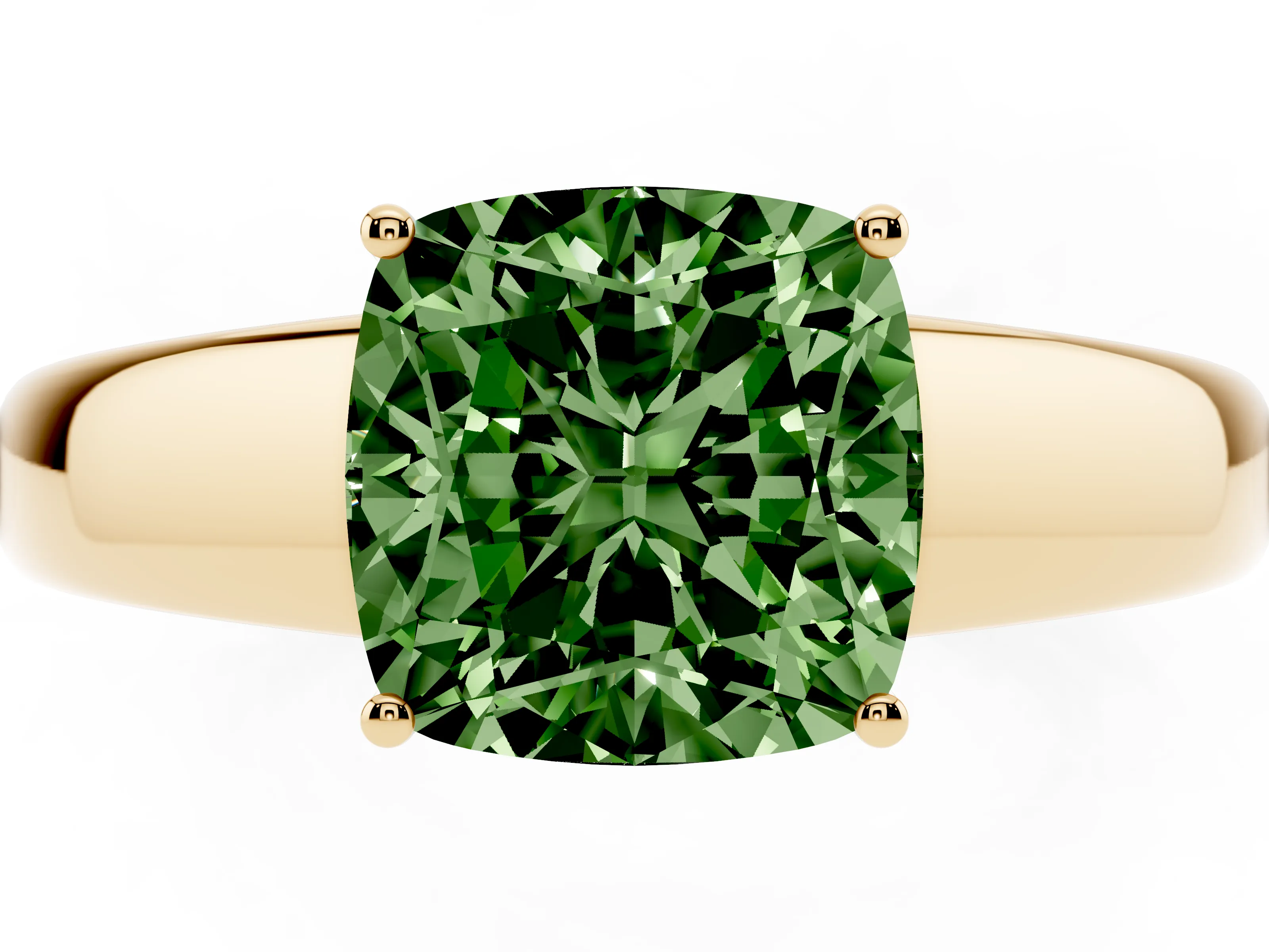 Fancy Green Cushion Cut Diamond Solitaire Ring Set in Yellow gold with Tapered Band and Prong Setting