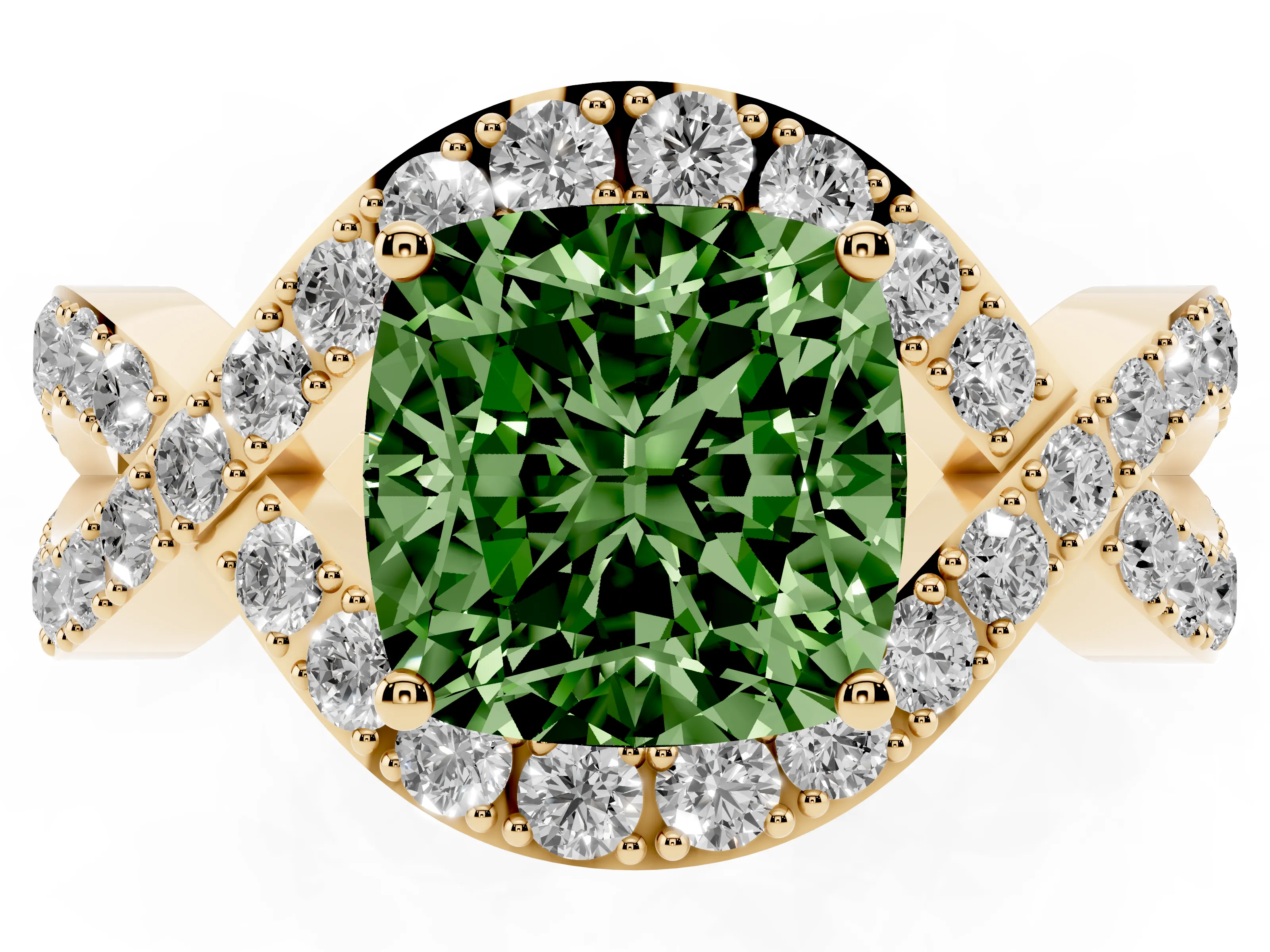 Fancy Green Cushion Cut Diamond Solitaire Twist Band Pavé Engagement Ring Set in Yellow gold