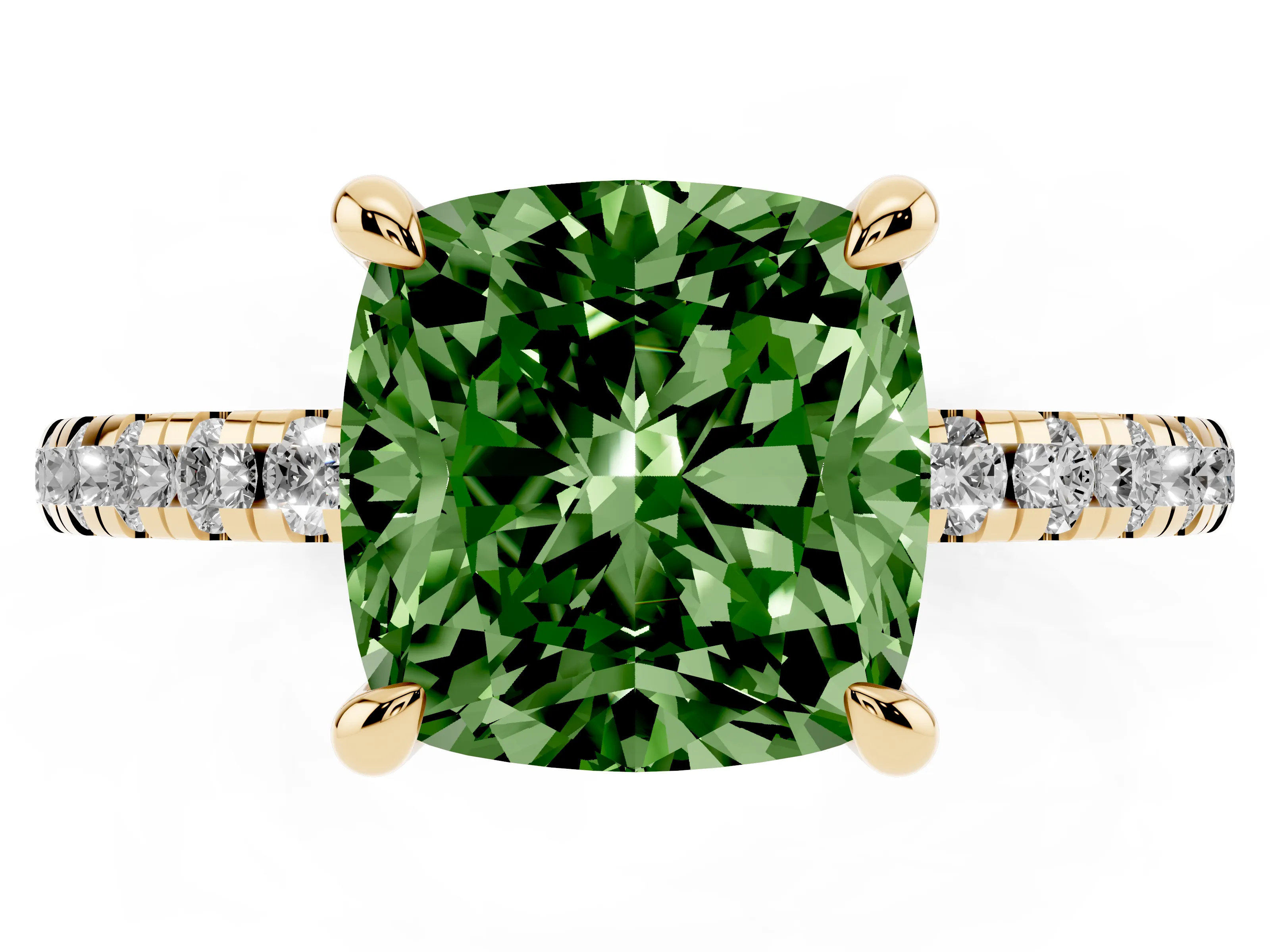 Fancy Green Cushion Cut Diamond Brilliant Solitaire Ring Set in Yellow gold with Pavé Band and Prong Setting