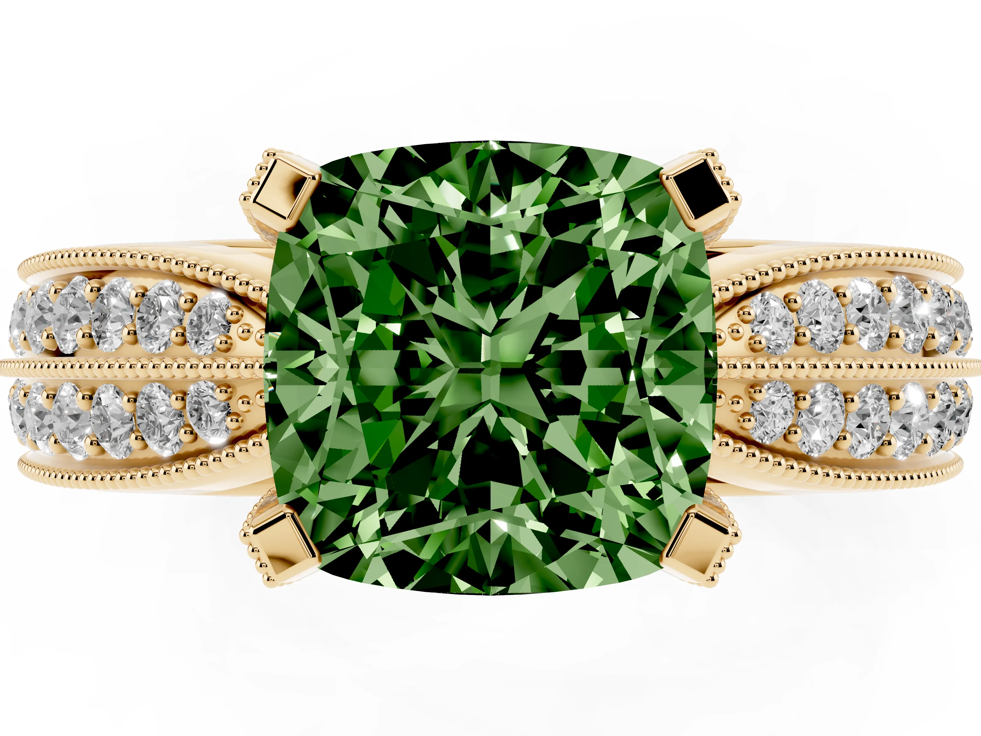 Fancy Green Cushion Cut Diamond Solitaire Ring Set in Yellow gold with Milgrain Double Row Round Pavé Band