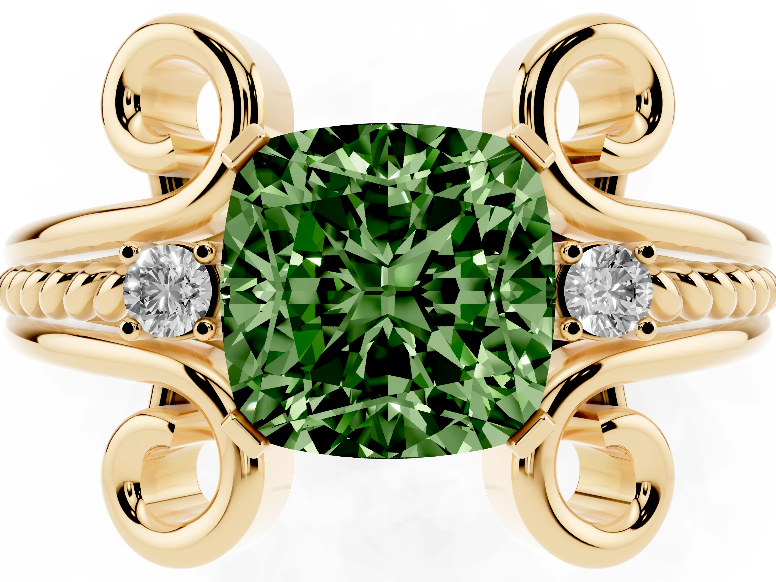 Fancy Green Cushion Cut Diamond Twisted Band Solitaire Ring Set in Yellow gold with Scroll Prongs