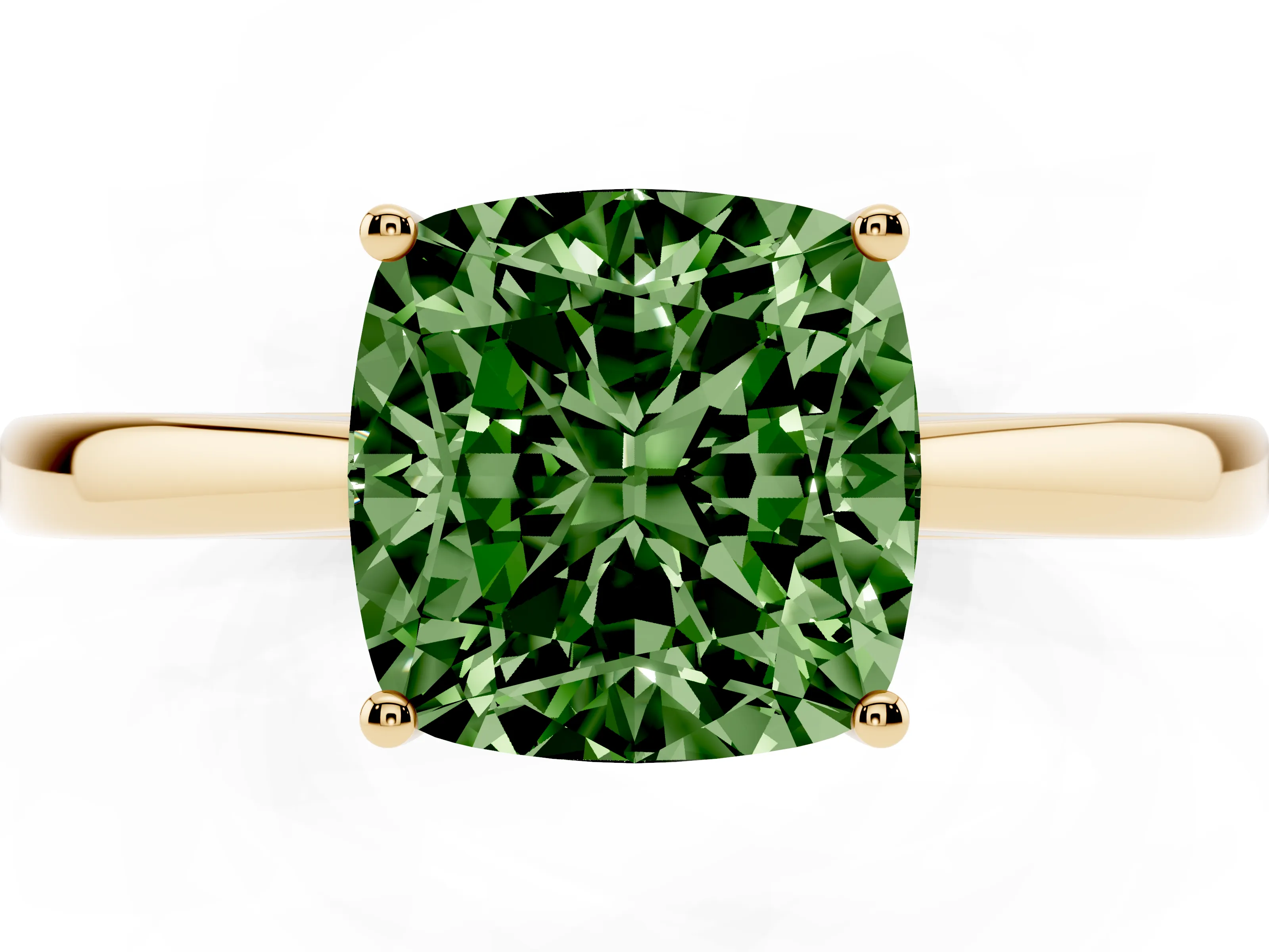 Fancy Green Cushion Cut Diamond Solitaire Ring Set in Yellow gold with Split Shank and Prong Setting