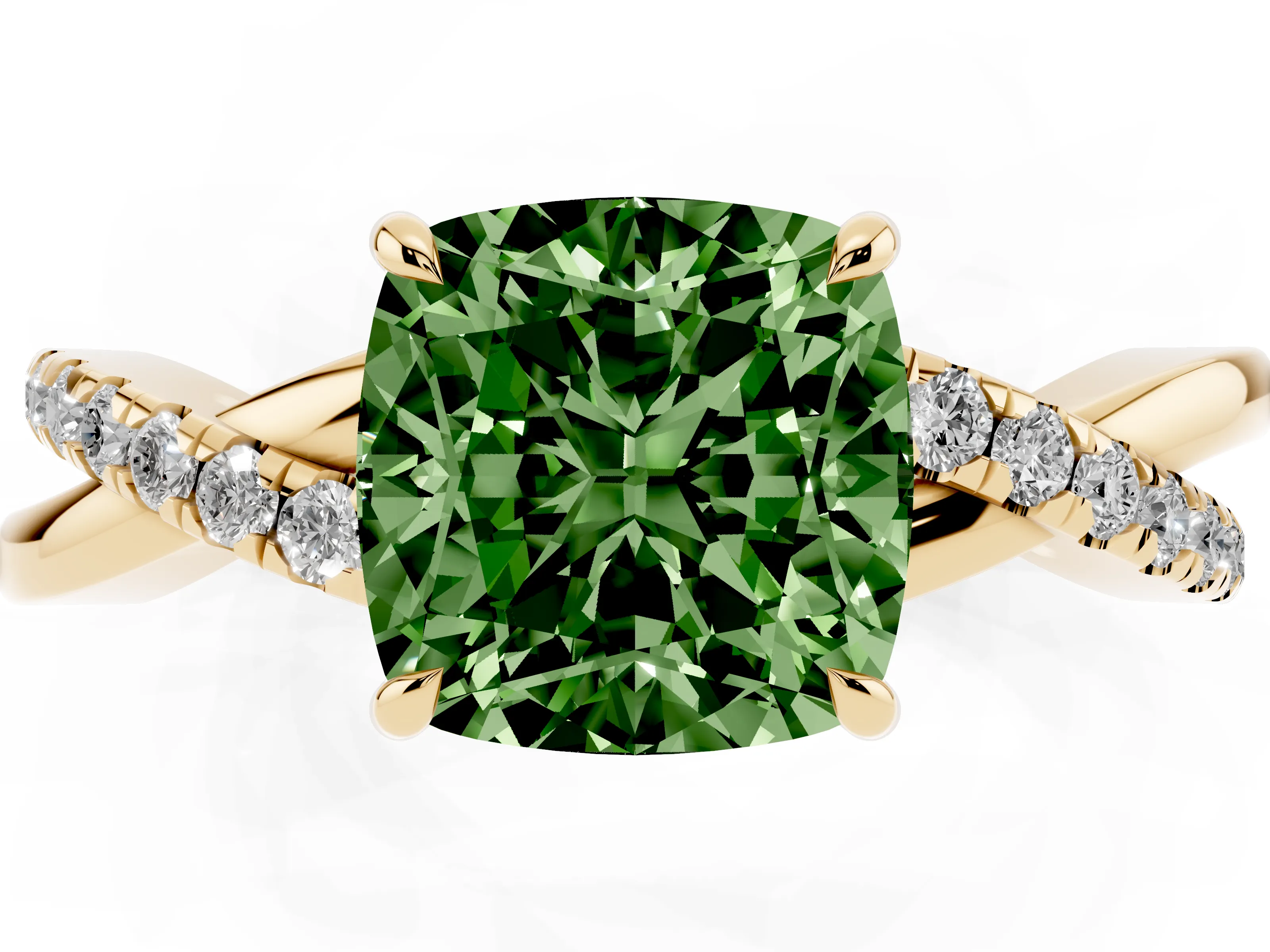 Fancy Green Cushion Cut Diamond Twisted Pavé Band Ring Set in Yellow gold with Prong Setting