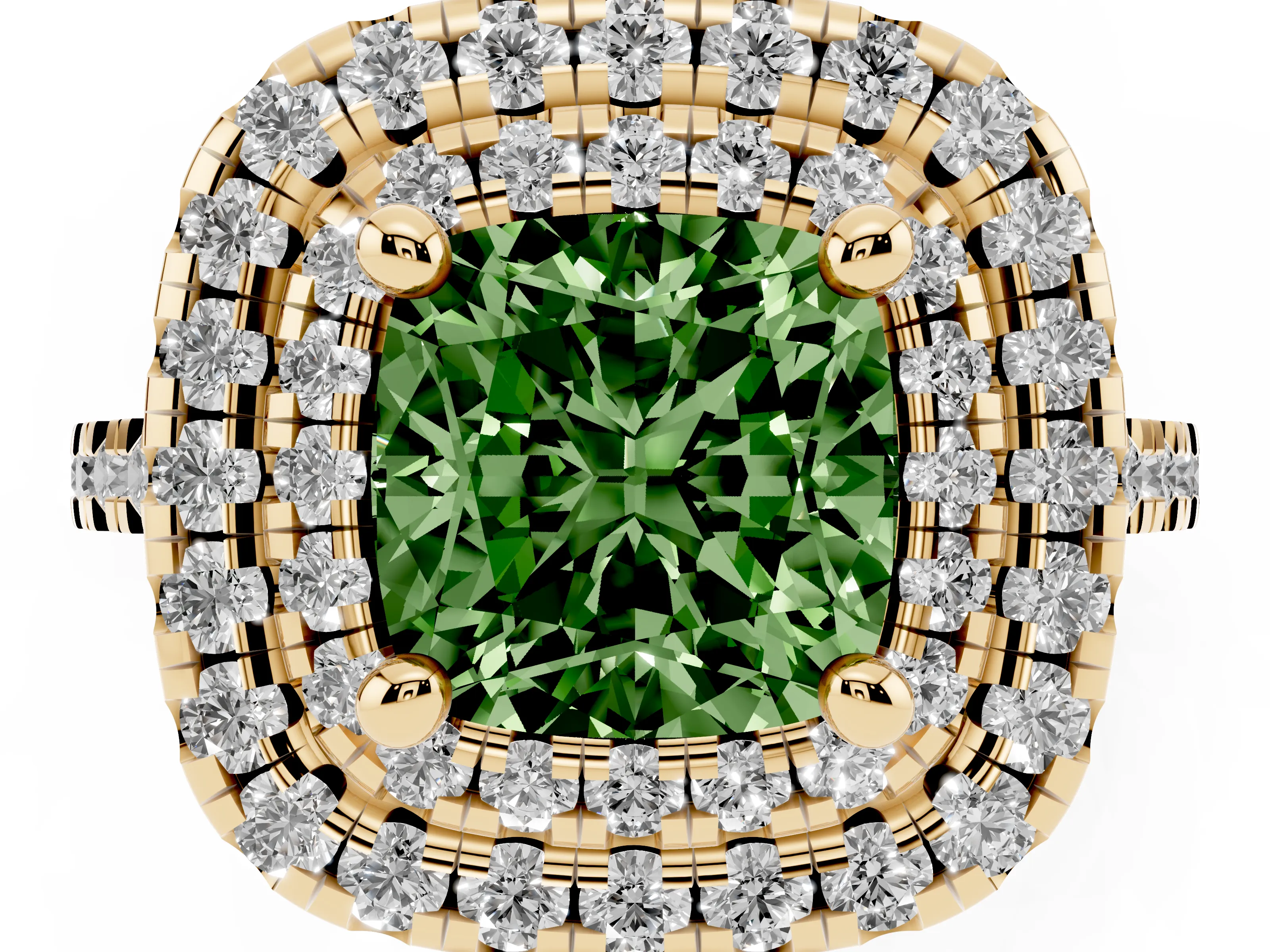 Fancy Green Cushion Cut Diamond Double Halo Statement Ring Set in Yellow gold with Pavé Band