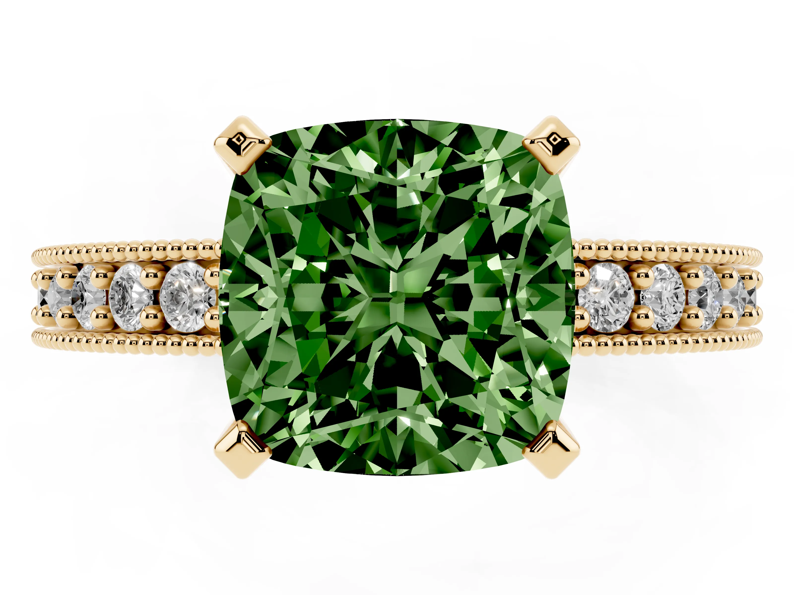 Fancy Green Cushion Cut Diamond Milgrain Pavé Engagement Ring Set in Yellow gold with Prong Setting
