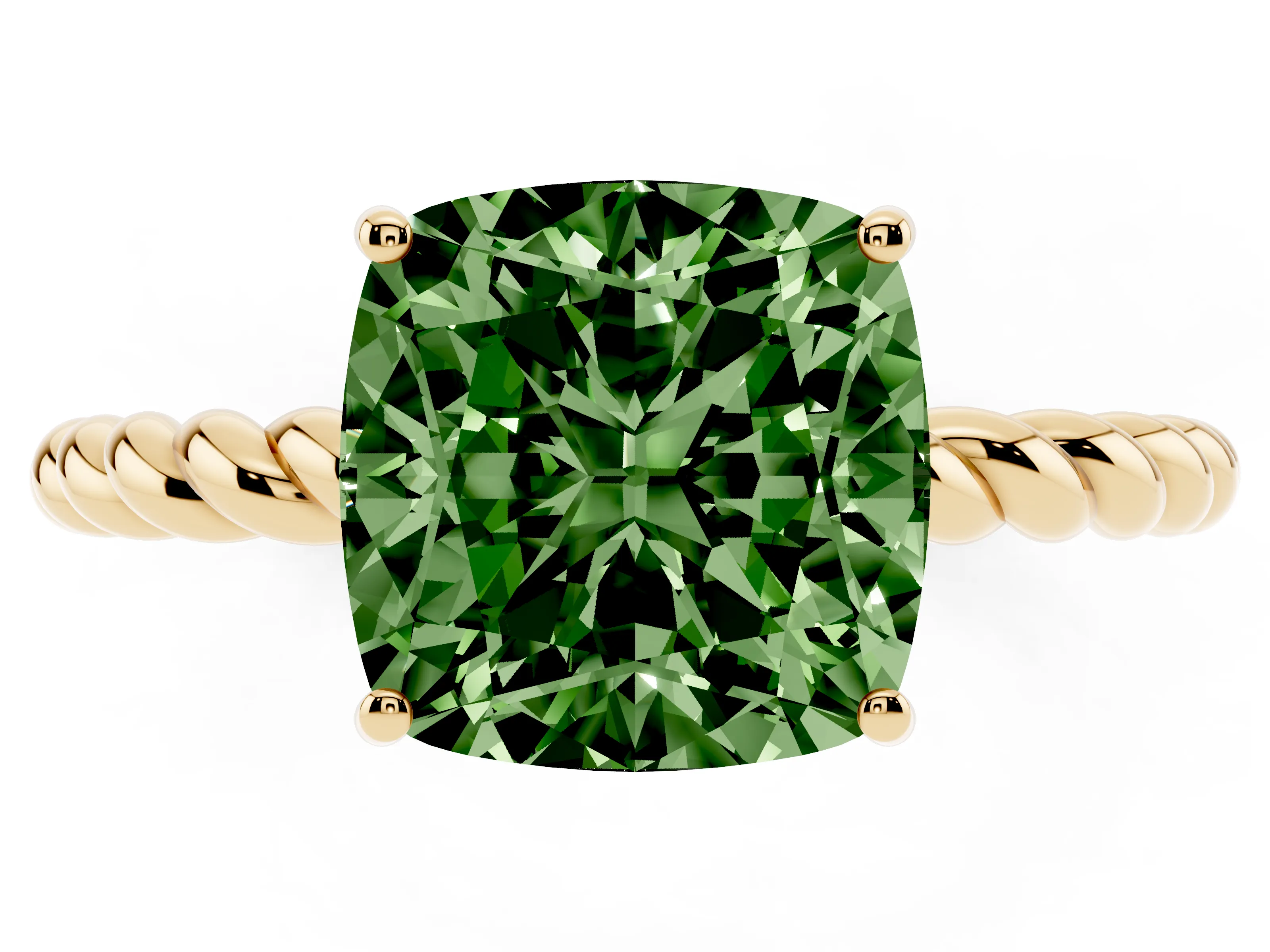 Fancy Green Cushion Cut Diamond Solitaire Ring Set in Yellow gold with Twist Band and Prong Setting