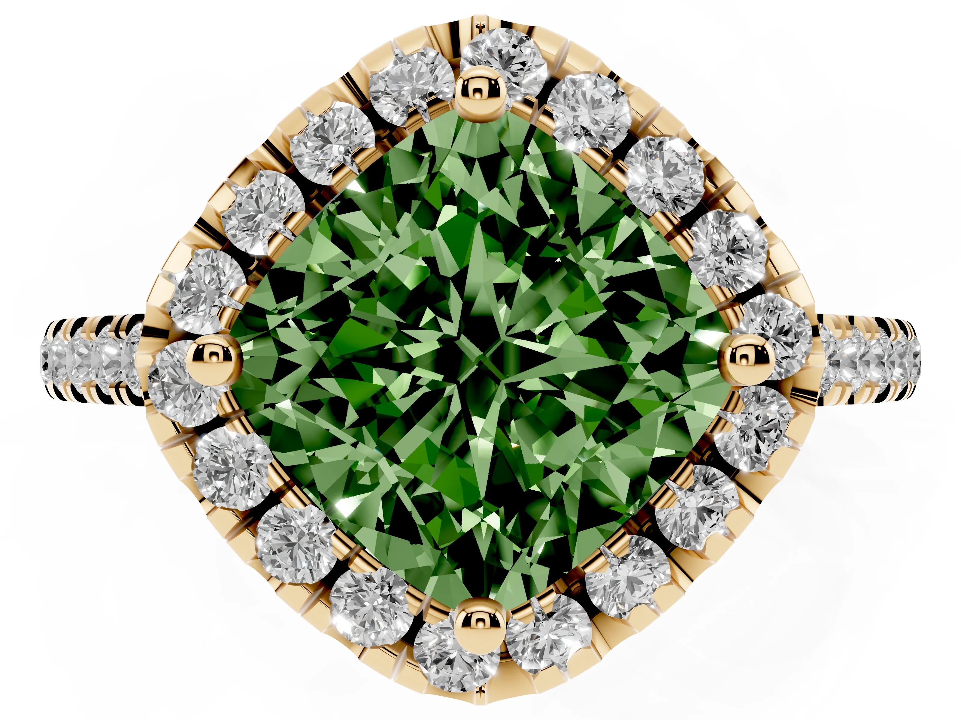 Fancy Green Cushion Cut Diamond Cushion Halo Ring Set in Yellow gold with Pavé Band
