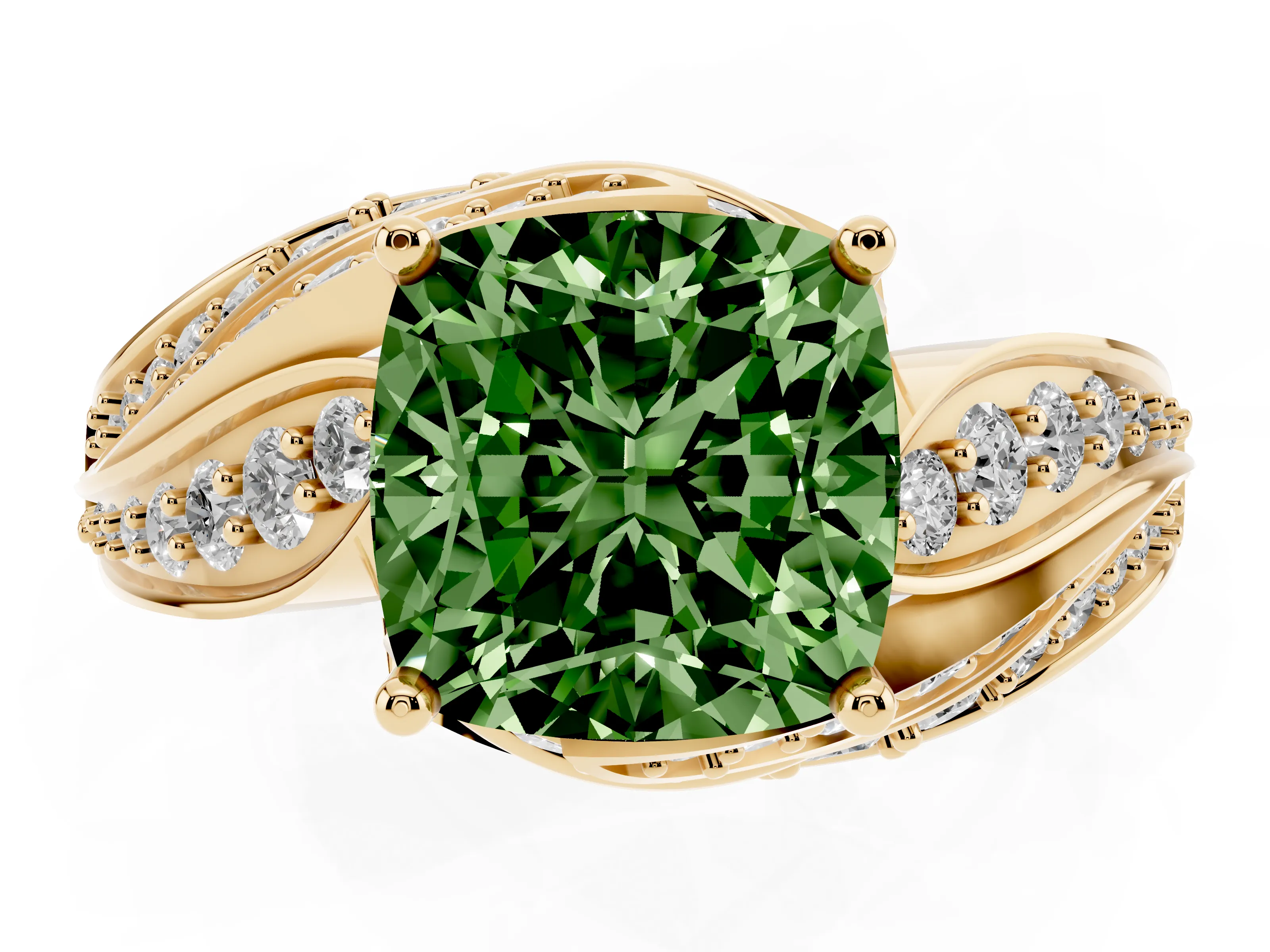 Fancy Green Cushion Cut Diamond Solitaire Ring Set in Yellow gold with Layered Twist Pavé Band