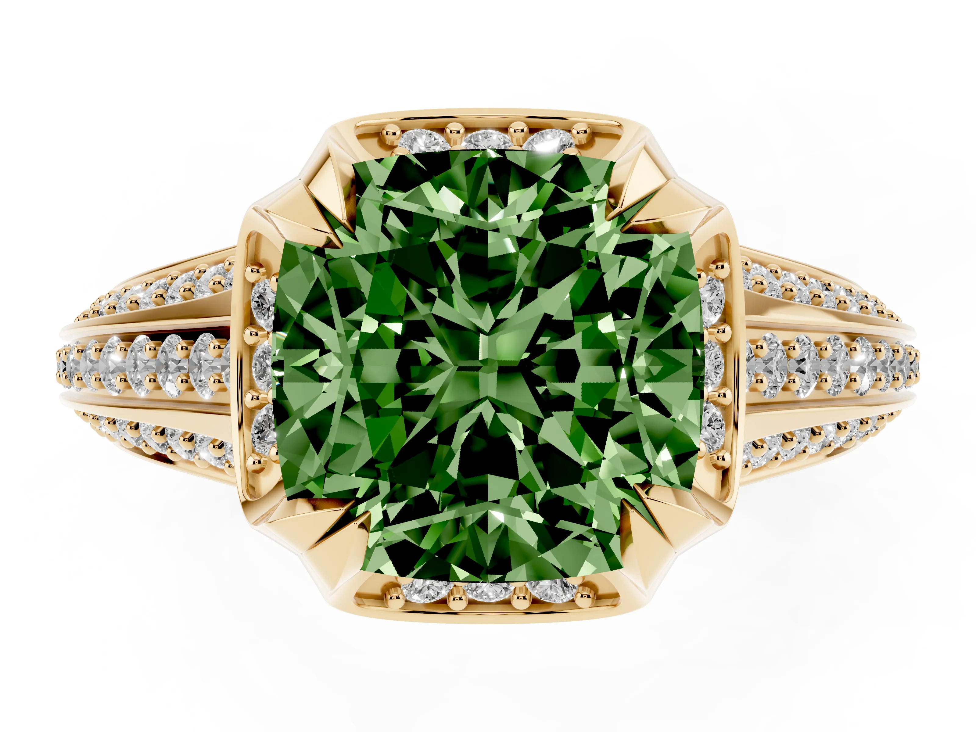Fancy Green Cushion Cut Diamond Pavé Split Shank Solitaire Ring Set in Yellow gold with Prong Setting