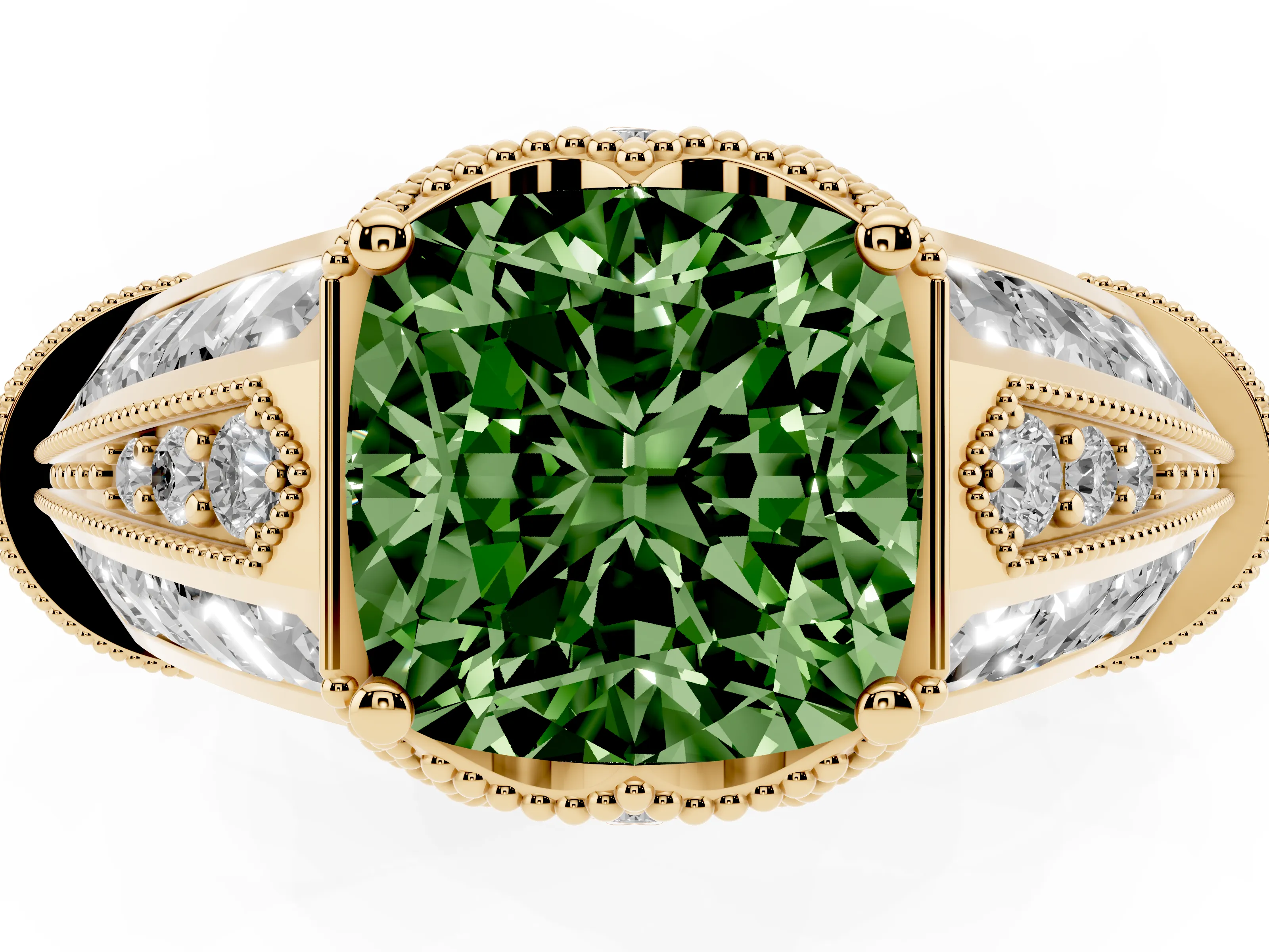 Fancy Green Cushion Cut Diamond Vintage-Inspired Milgrain Ring Set in Yellow gold with Accent Split Shank
