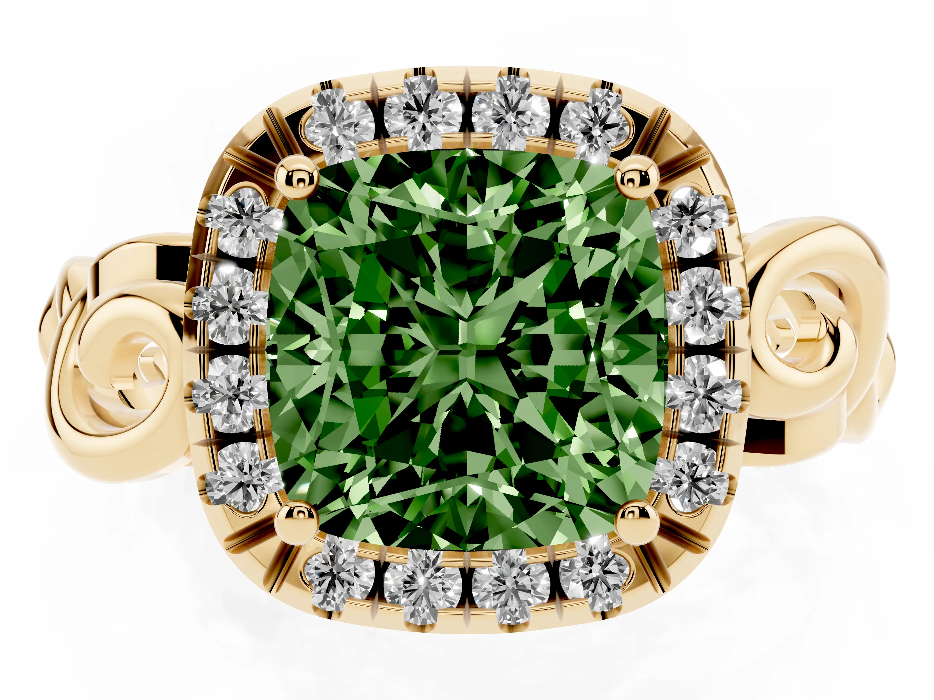 Fancy Green Cushion Cut Diamond Halo Ring Set in Yellow gold with Scrollwork Band and Prong Setting
