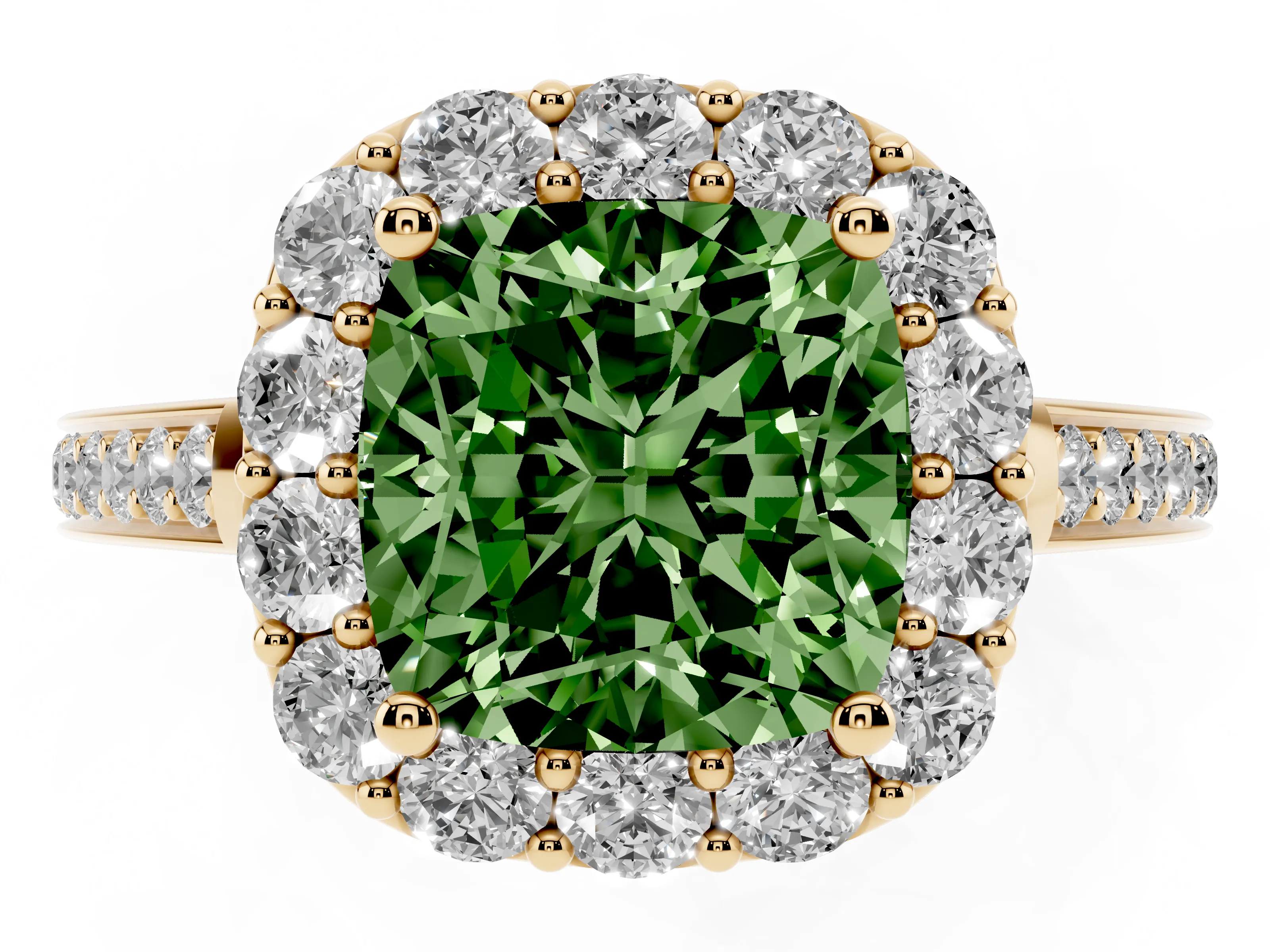 Fancy Green Cushion Cut Diamond Floral Halo Ring Set in Yellow gold with Pavé Band and Prong Setting