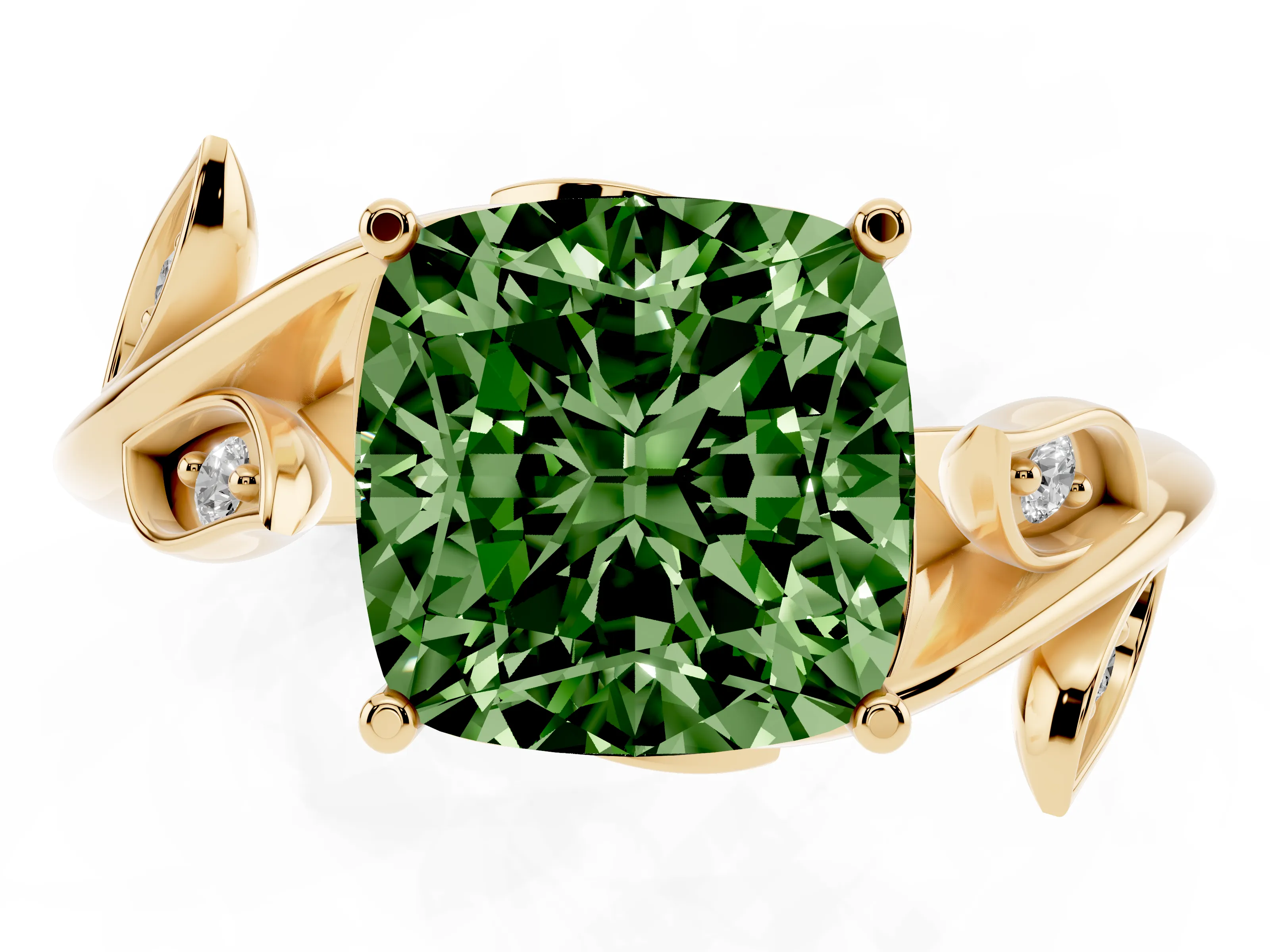 Fancy Green Cushion Cut Diamond Solitaire Twist Engagement Ring Set in Yellow gold with Pavé Leaf Accents