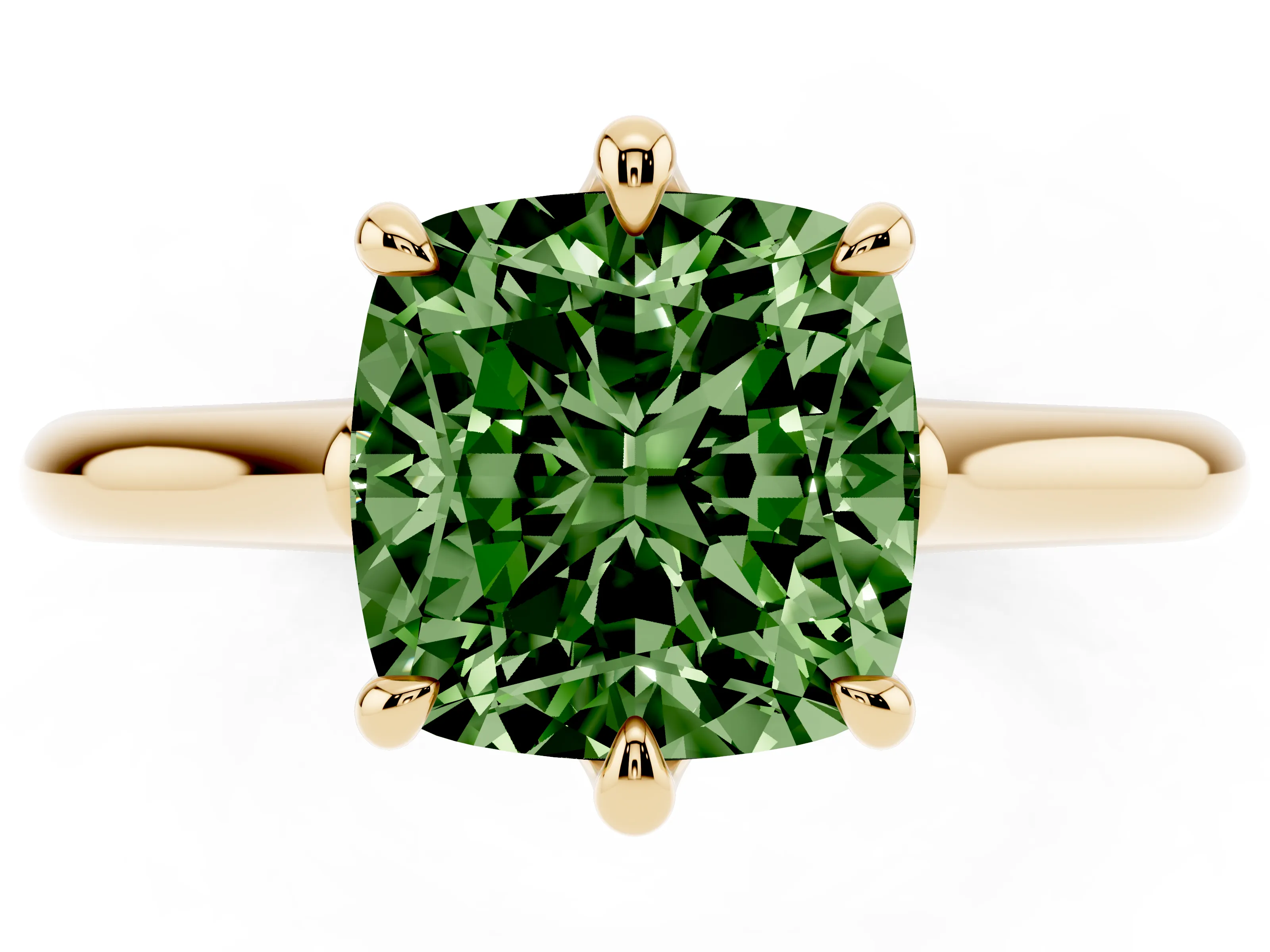 Fancy Green Cushion Cut Diamond Solitaire Engagement Ring Set in Yellow gold with Prong Setting and Plain Classic Band