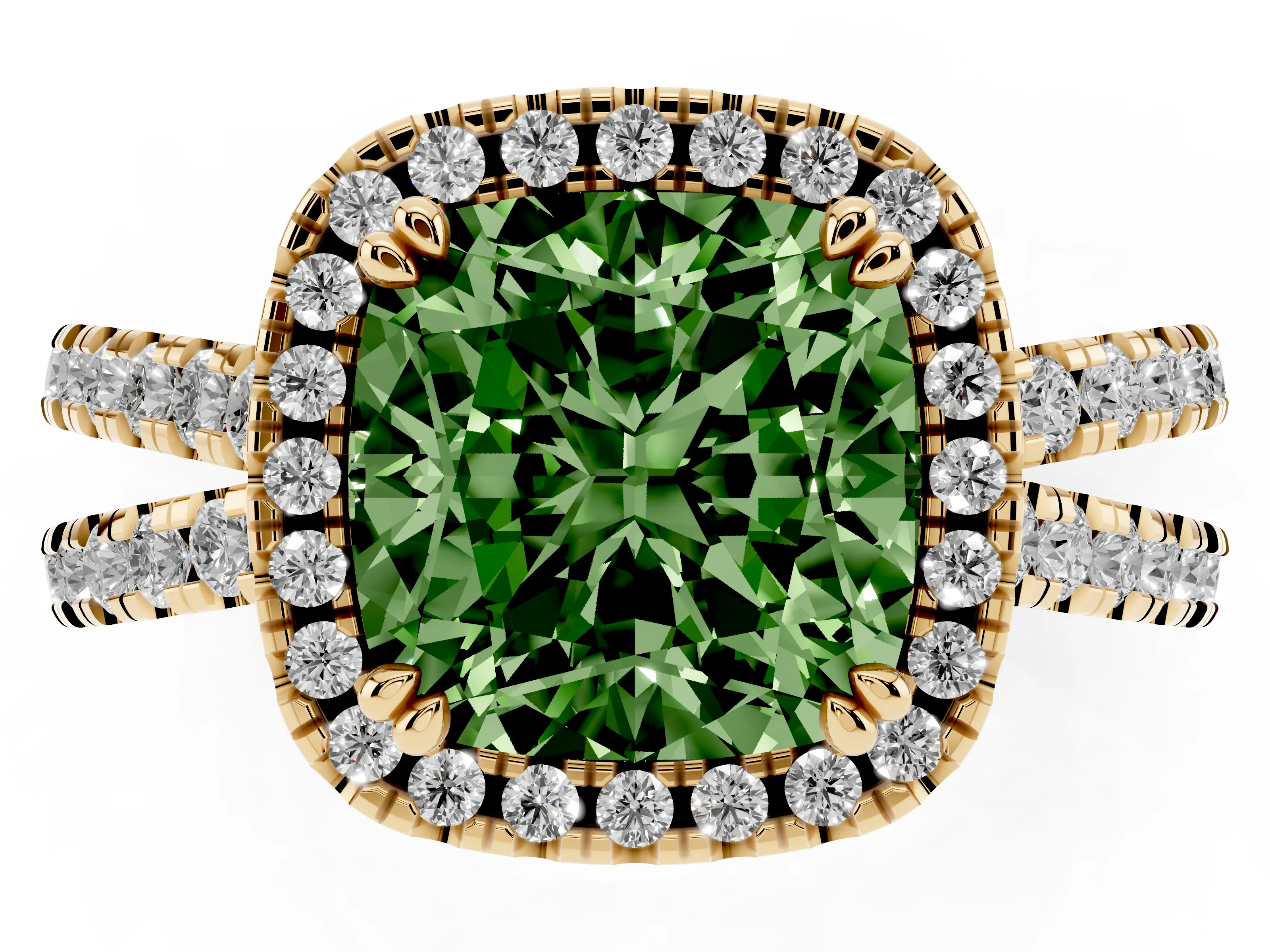 Fancy Green Cushion Cut Diamond Halo Split Shank Ring Set in Yellow gold with Pavé Setting