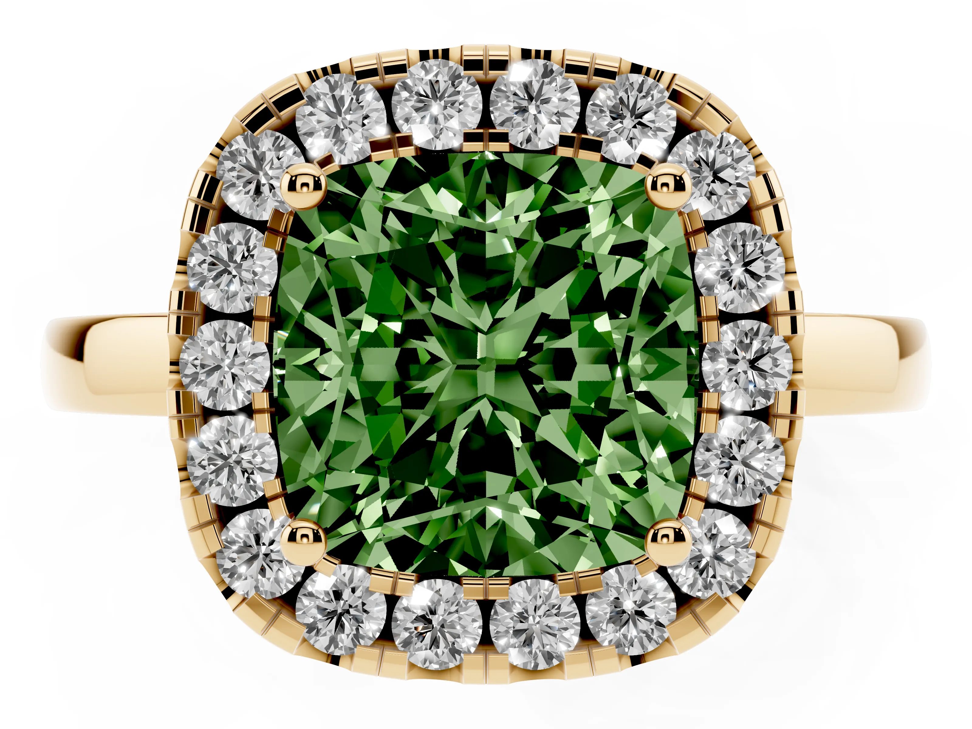 Fancy Green Cushion Cut Diamond Halo Solitaire Ring Set in Yellow gold with Pavé Band and Prong Setting
