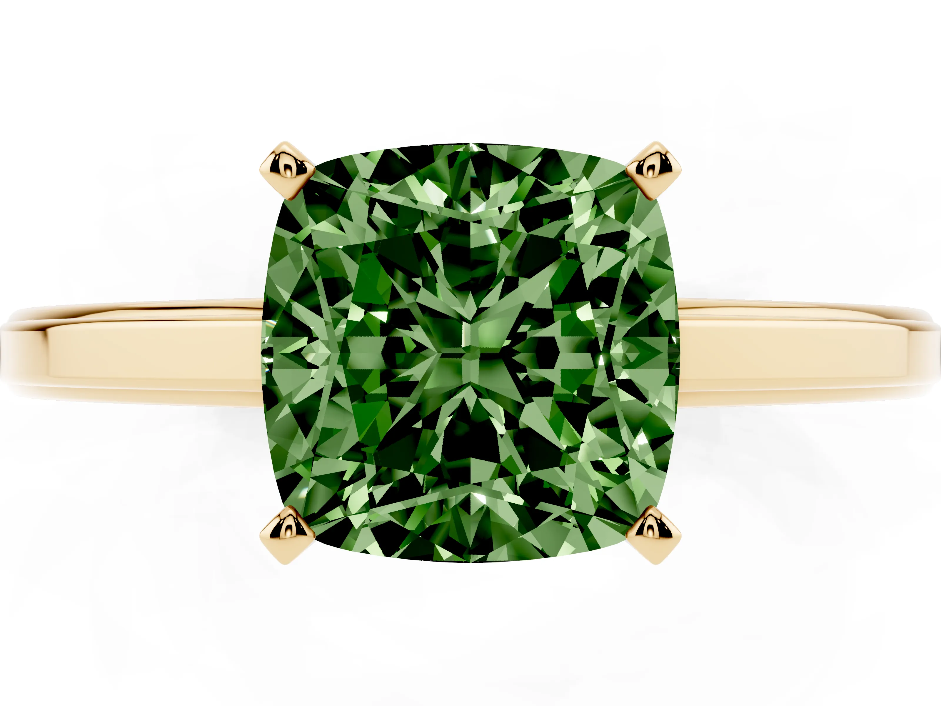 Fancy Green Cushion Cut Diamond Solitaire Ring Set in Yellow gold with Prong Setting and Classic Band