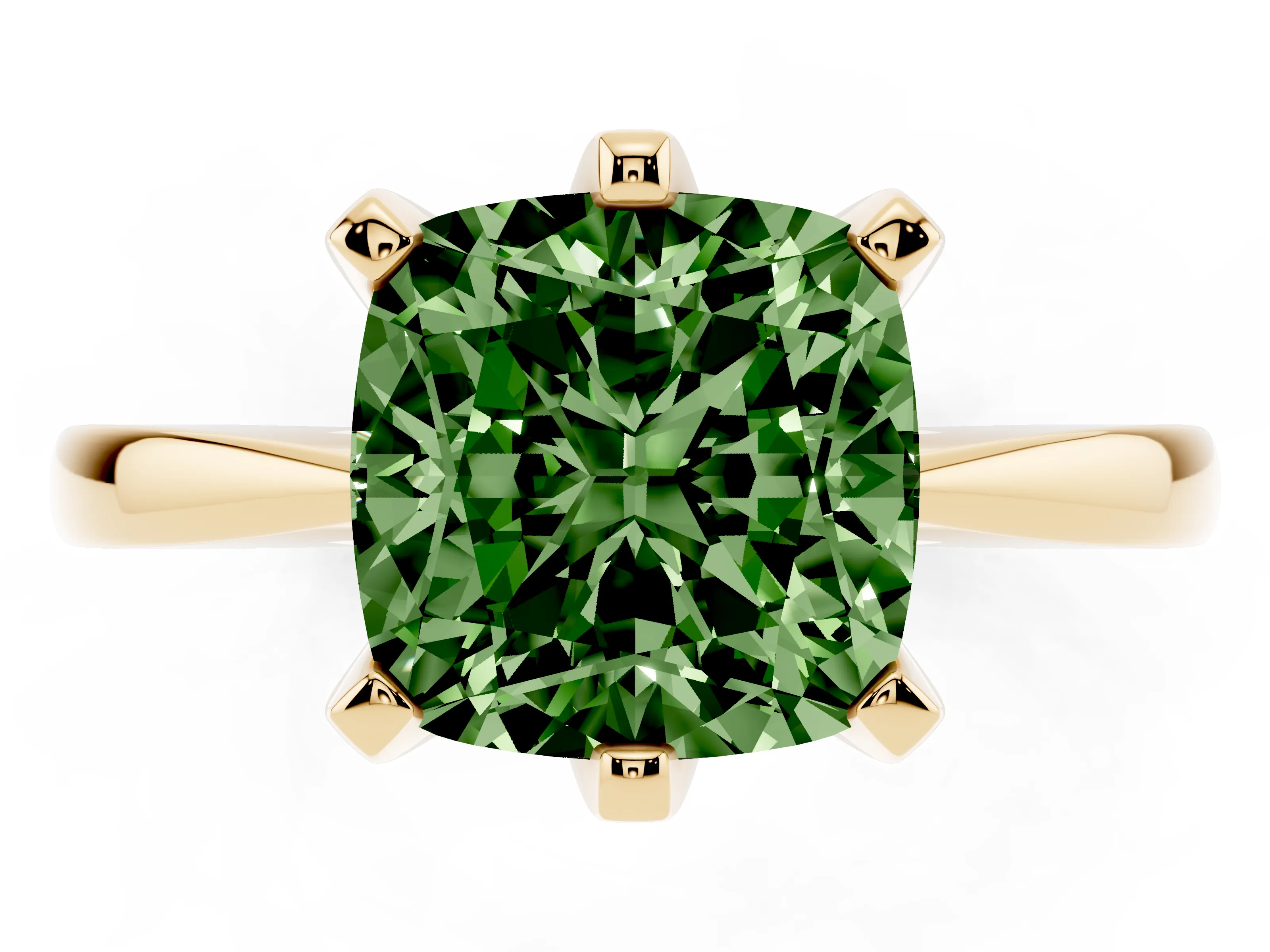 Fancy Green Cushion Cut Diamond Solitaire Engagement Ring Set in Yellow gold with Slim Tapered Solitaire Band