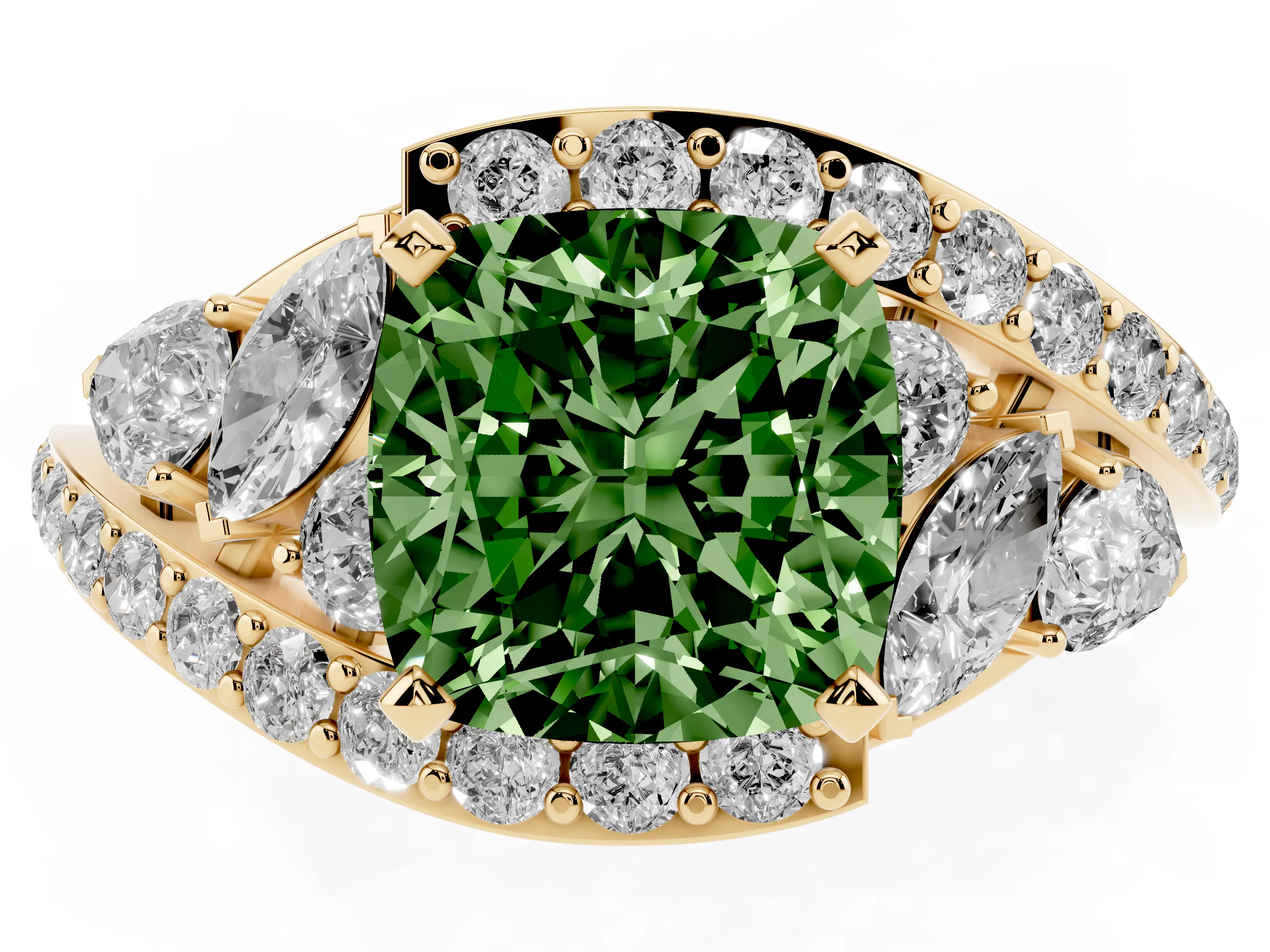 Fancy Green Cushion Cut Diamond Halo Ring Set in Yellow gold with Marquise and Pavé Band in Prong Setting