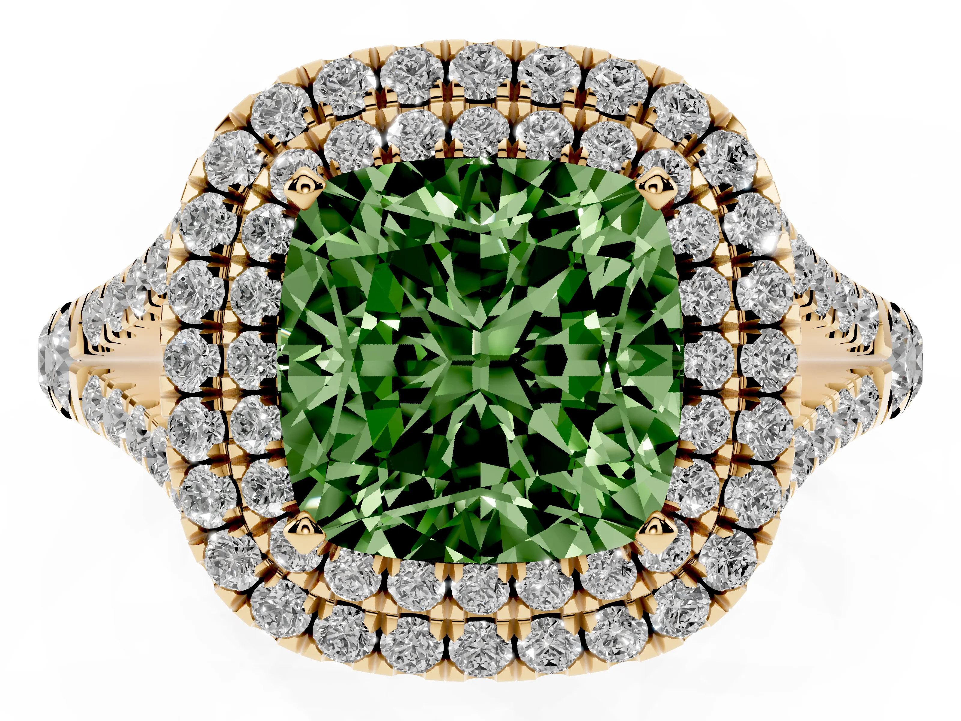 Fancy Green Cushion Cut Diamond Pavé Split Shank Double Halo Engagement Ring Set in Yellow gold