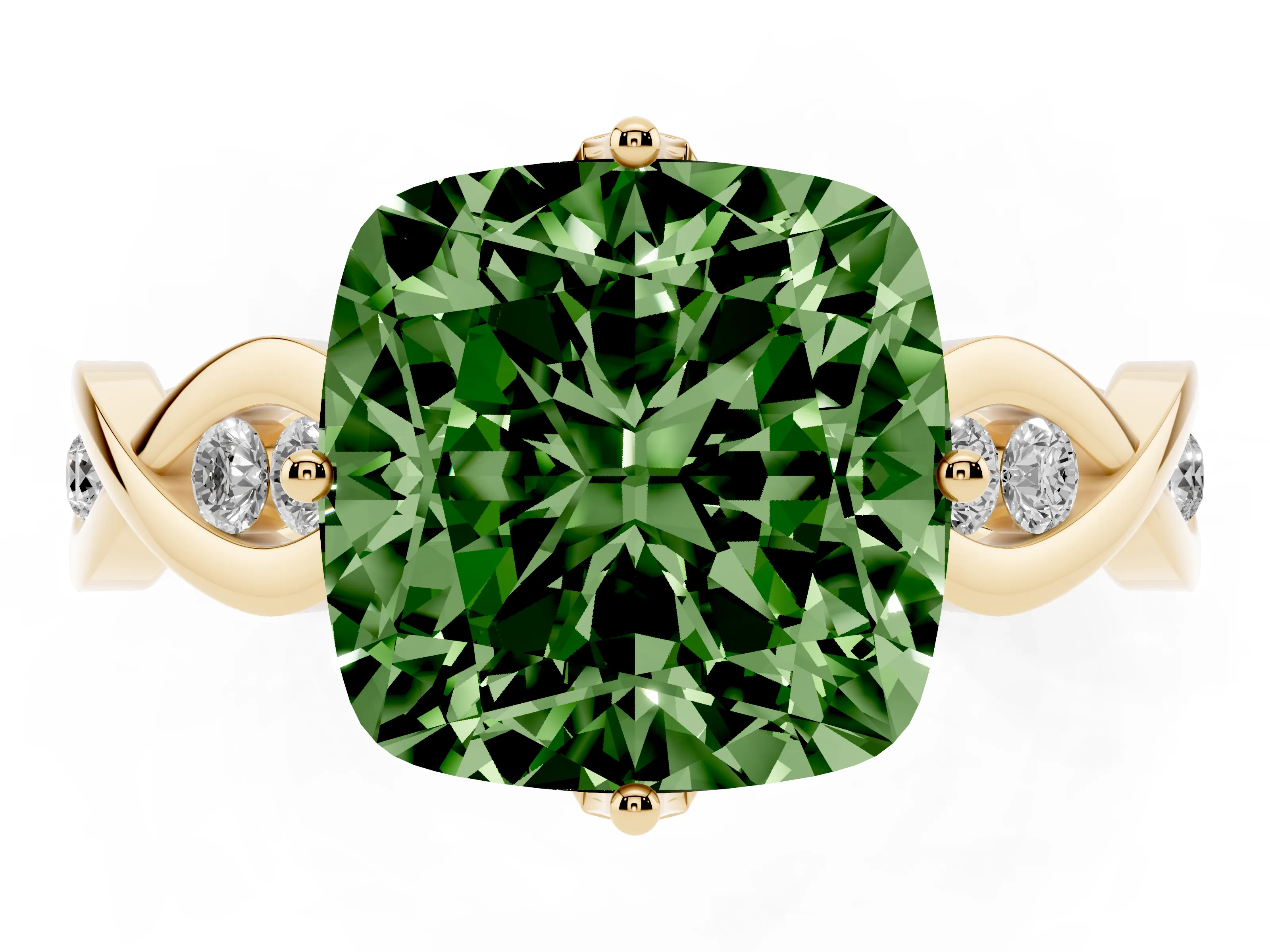 Fancy Green Cushion Cut Diamond Twist Band Solitaire Ring Set in Yellow gold with Leaf Prong Setting and Accent Stones