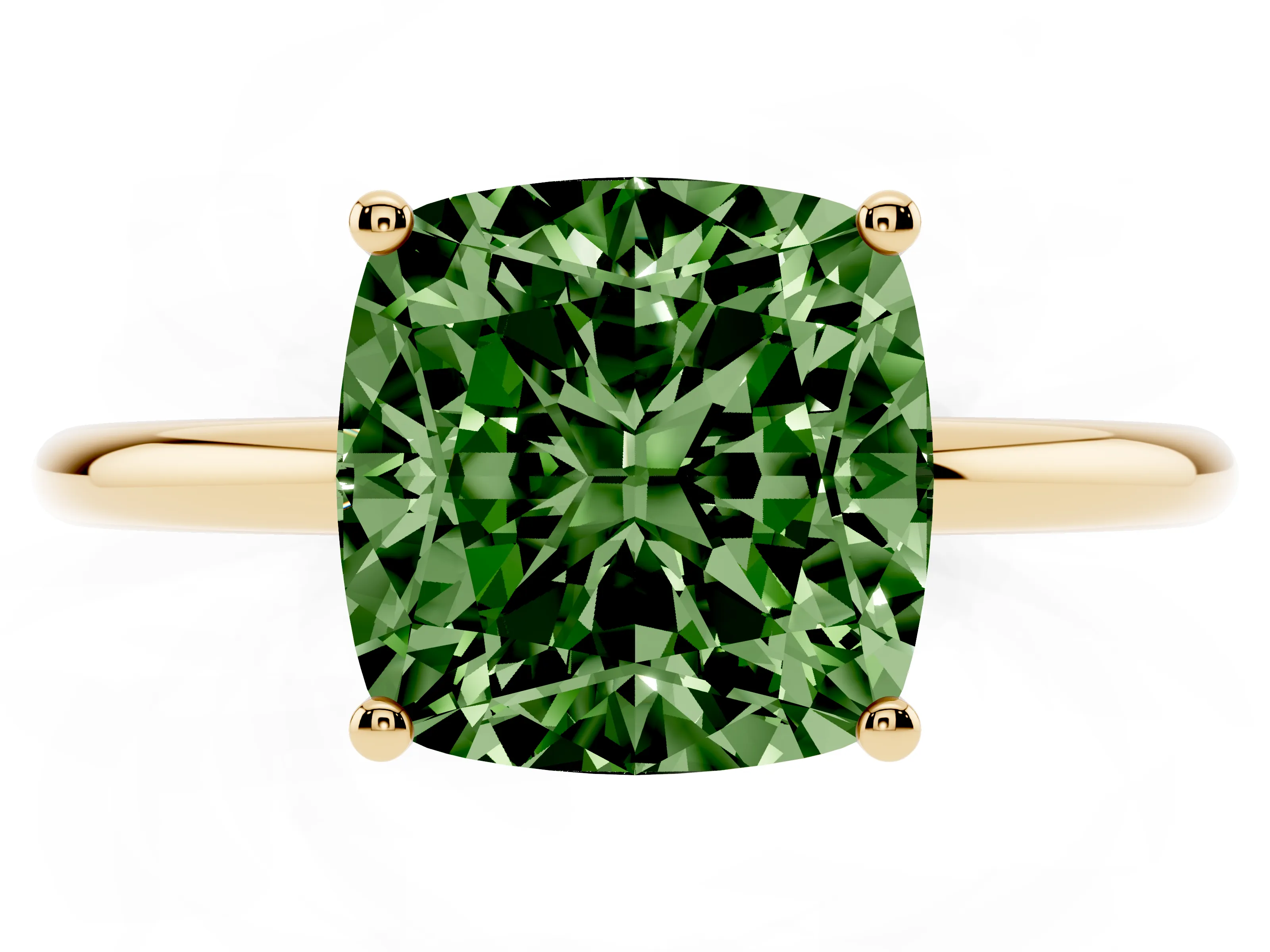 Fancy Green Cushion Cut Diamond Solitaire Engagement Ring Set in Yellow gold with Thin Band and Prong Setting