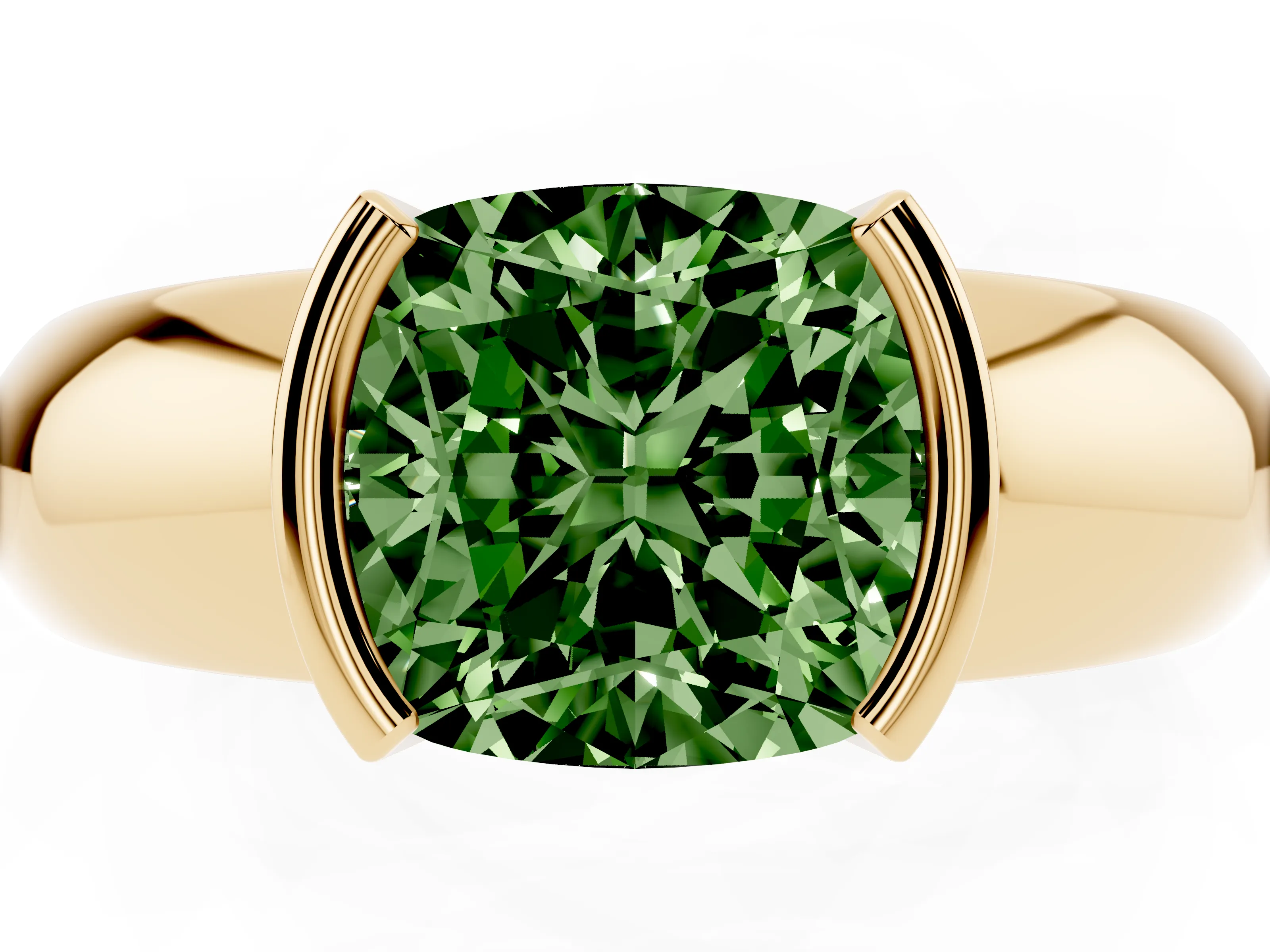 Fancy Green Cushion Cut Diamond Solitaire Tension Set Ring Set in Yellow gold with Wide Band