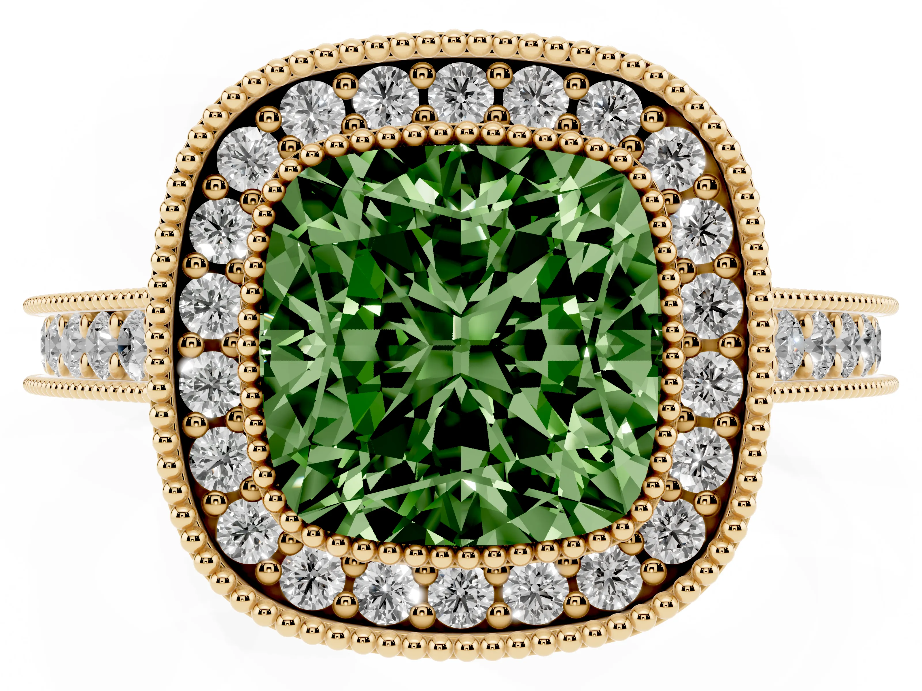 Fancy Green Cushion Cut Diamond Halo Milgrain Pavé Band Ring Set in Yellow gold with Prong Setting