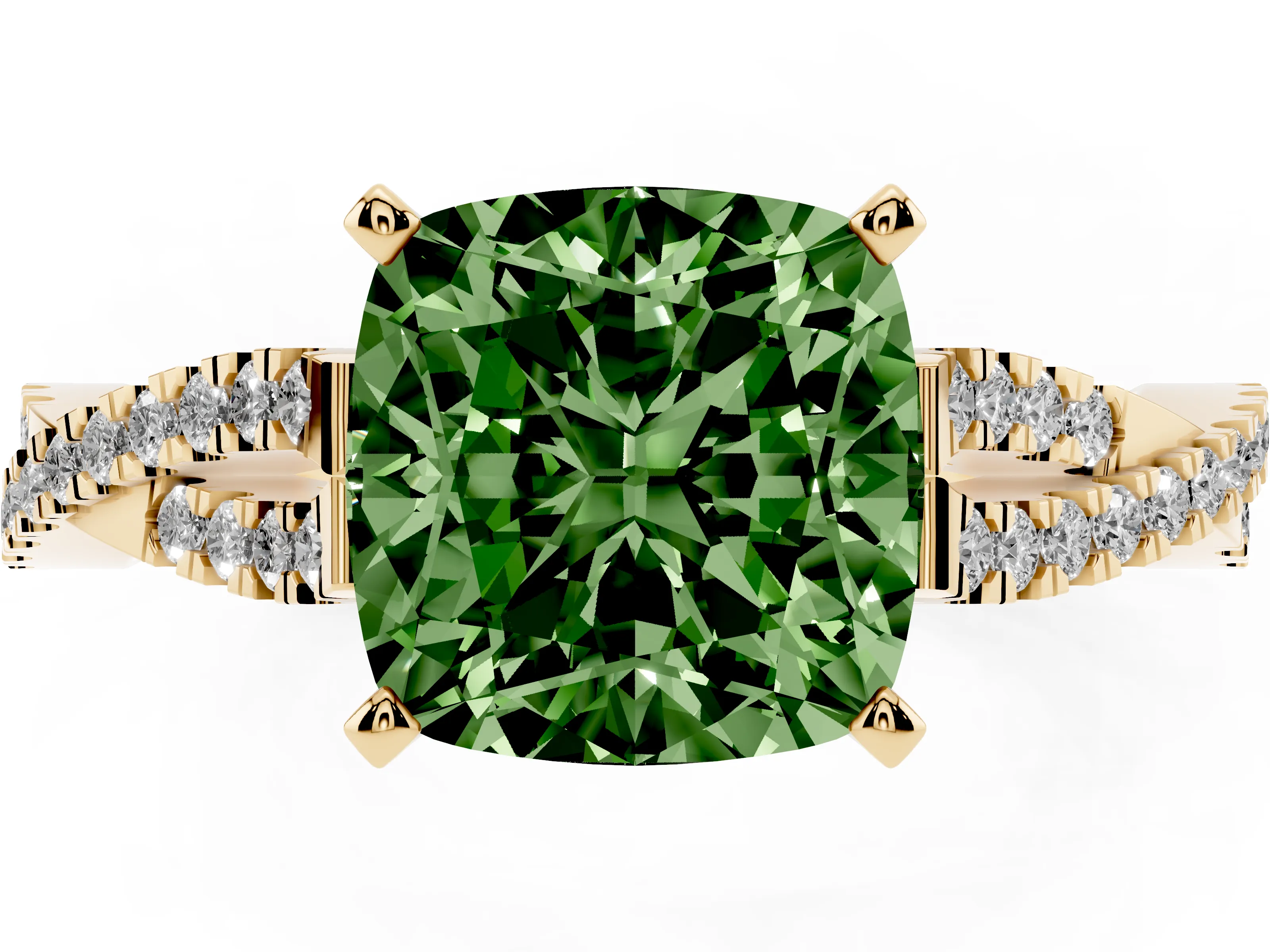 Fancy Green Cushion Cut Diamond Solitaire Engagement Ring Set in Yellow gold with Twisted Pavé Band and Prong Setting
