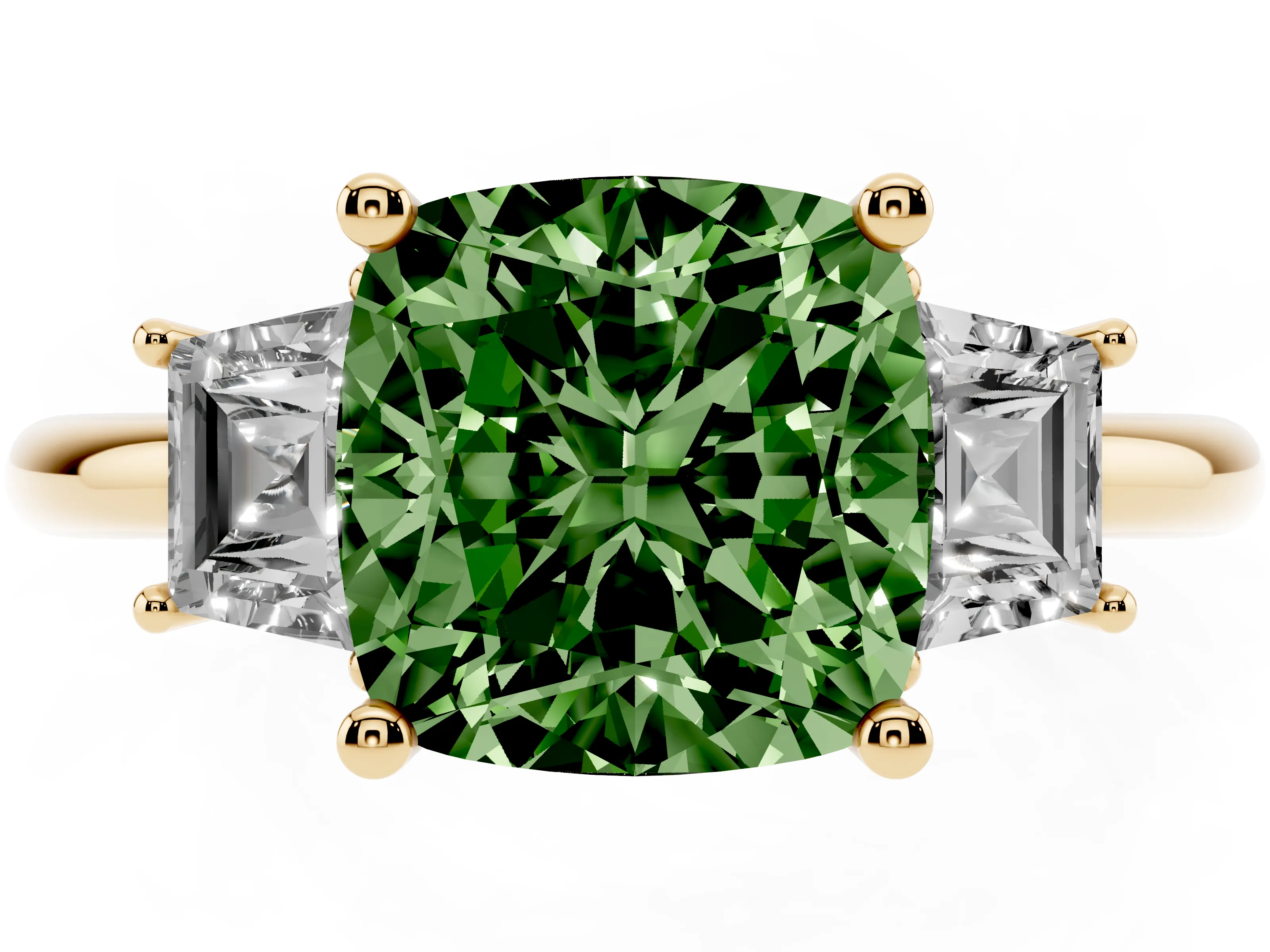 Fancy Green Cushion Cut Diamond Three-Stone Ring Set in Yellow gold with Trapezoid Side Stones and Prong Setting