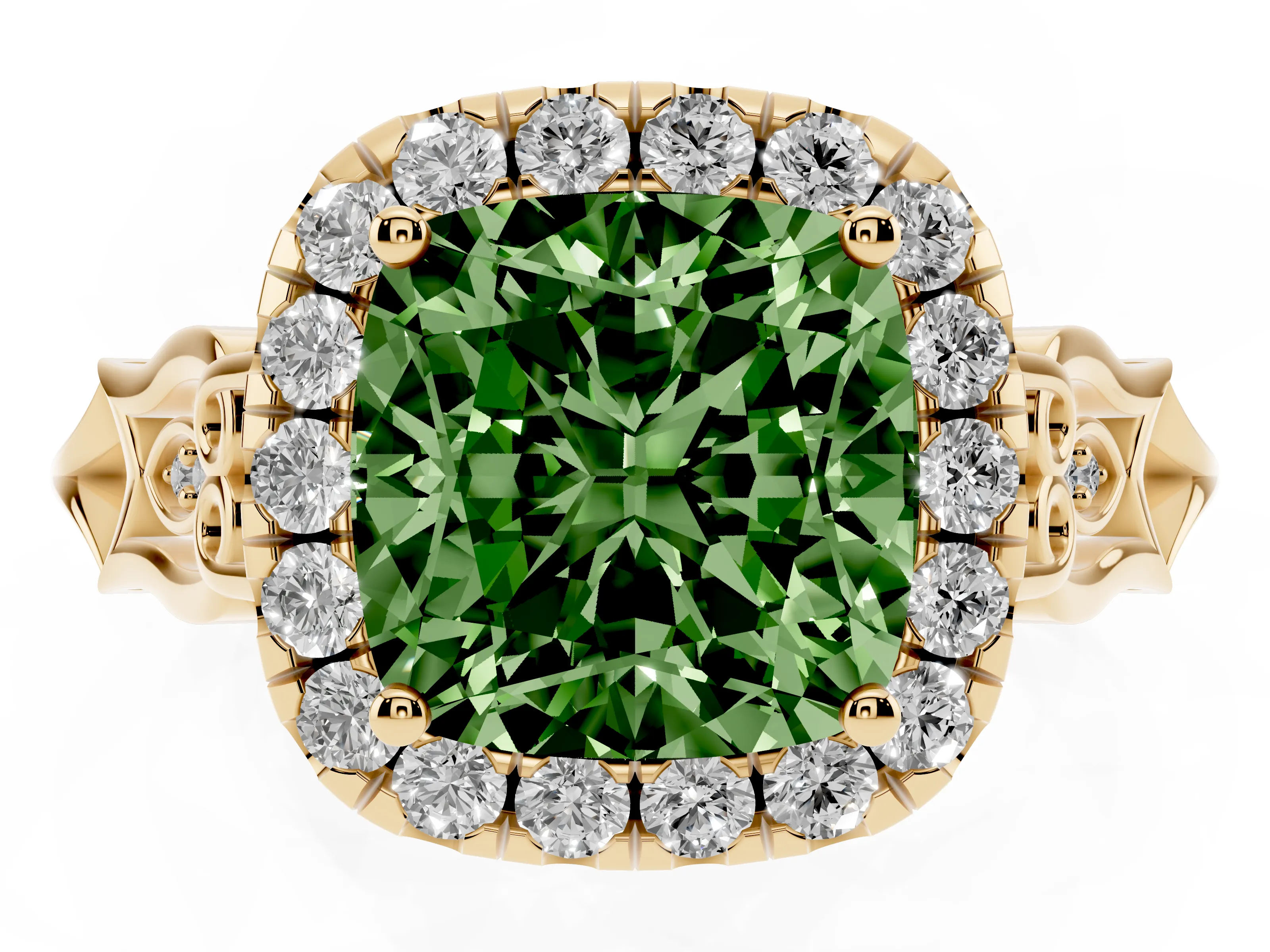 Fancy Green Cushion Cut Diamond Halo Engagement Ring Set in Yellow gold with Filigree Band and Prong-Set Center