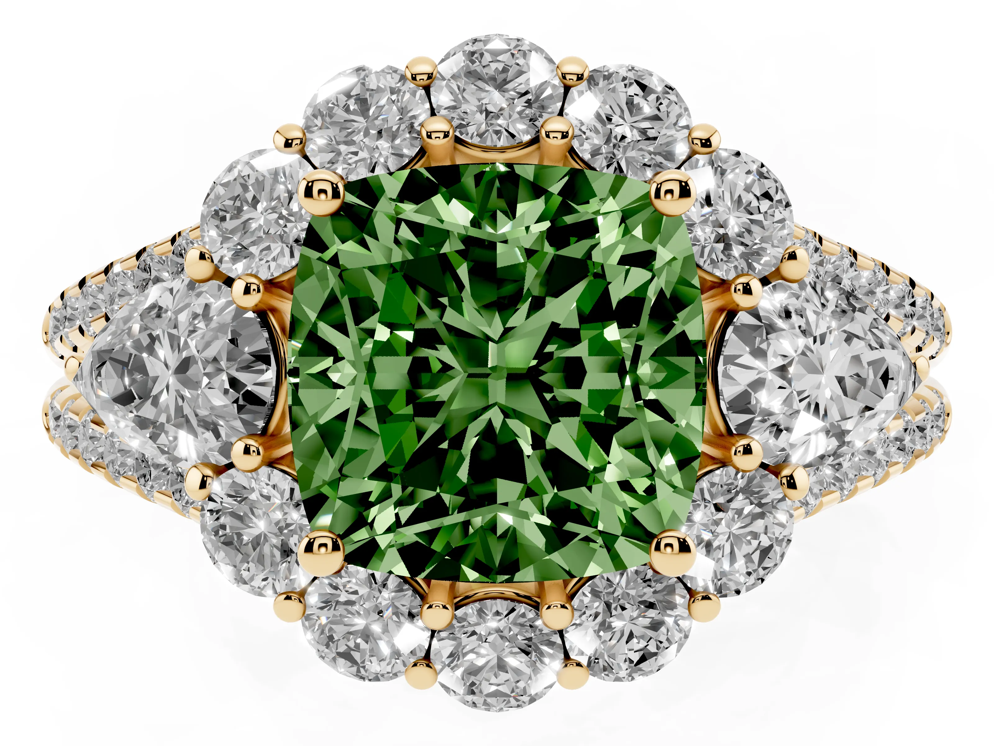 Fancy Green Cushion Cut Diamond Halo Split Shank Engagement Ring Set in Yellow gold with Prong-Held Center Stone