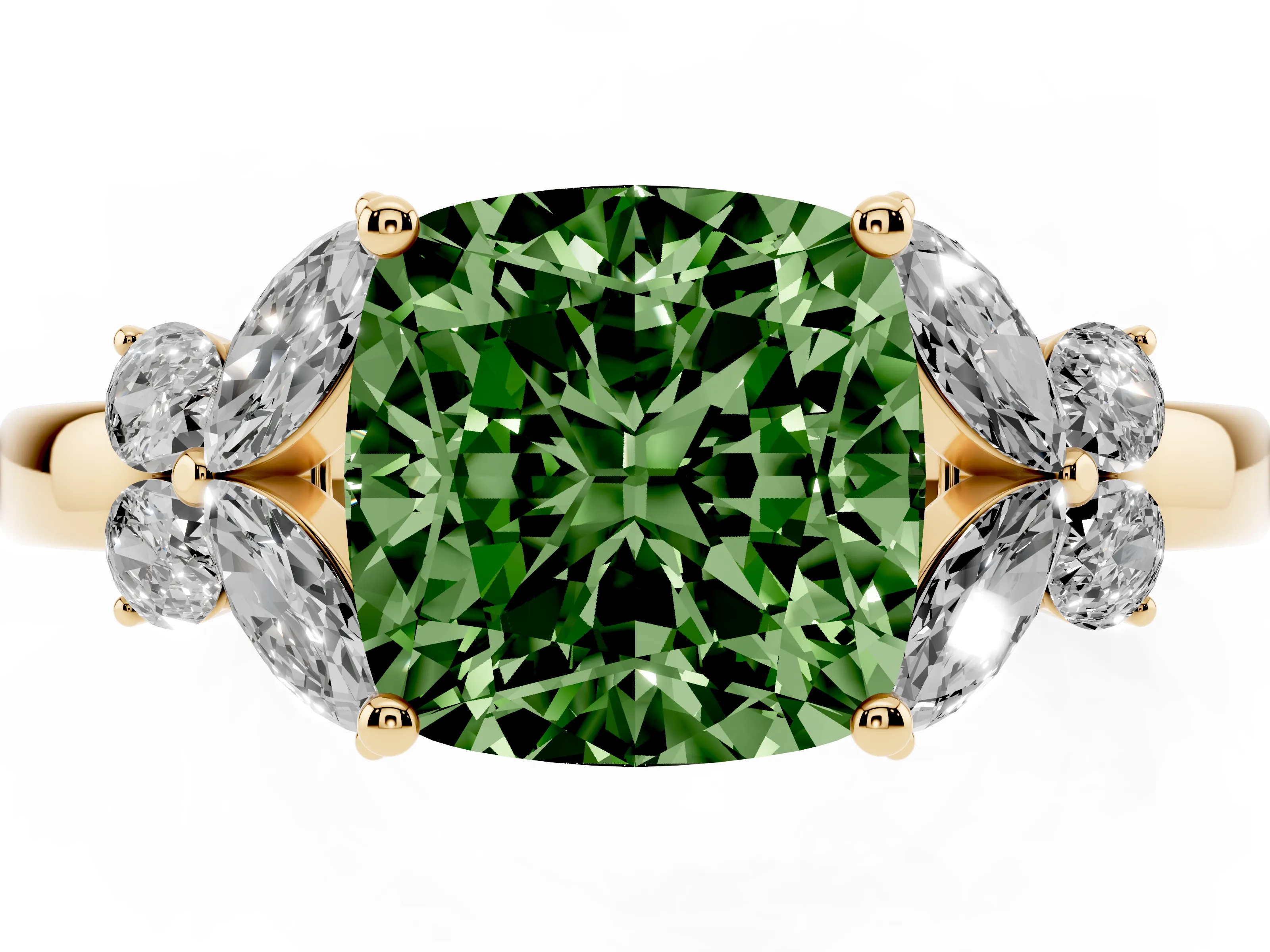 Fancy Green Cushion Cut Diamond Solitaire Floral Ring Set in Yellow gold with Marquise Petals and Prong Setting