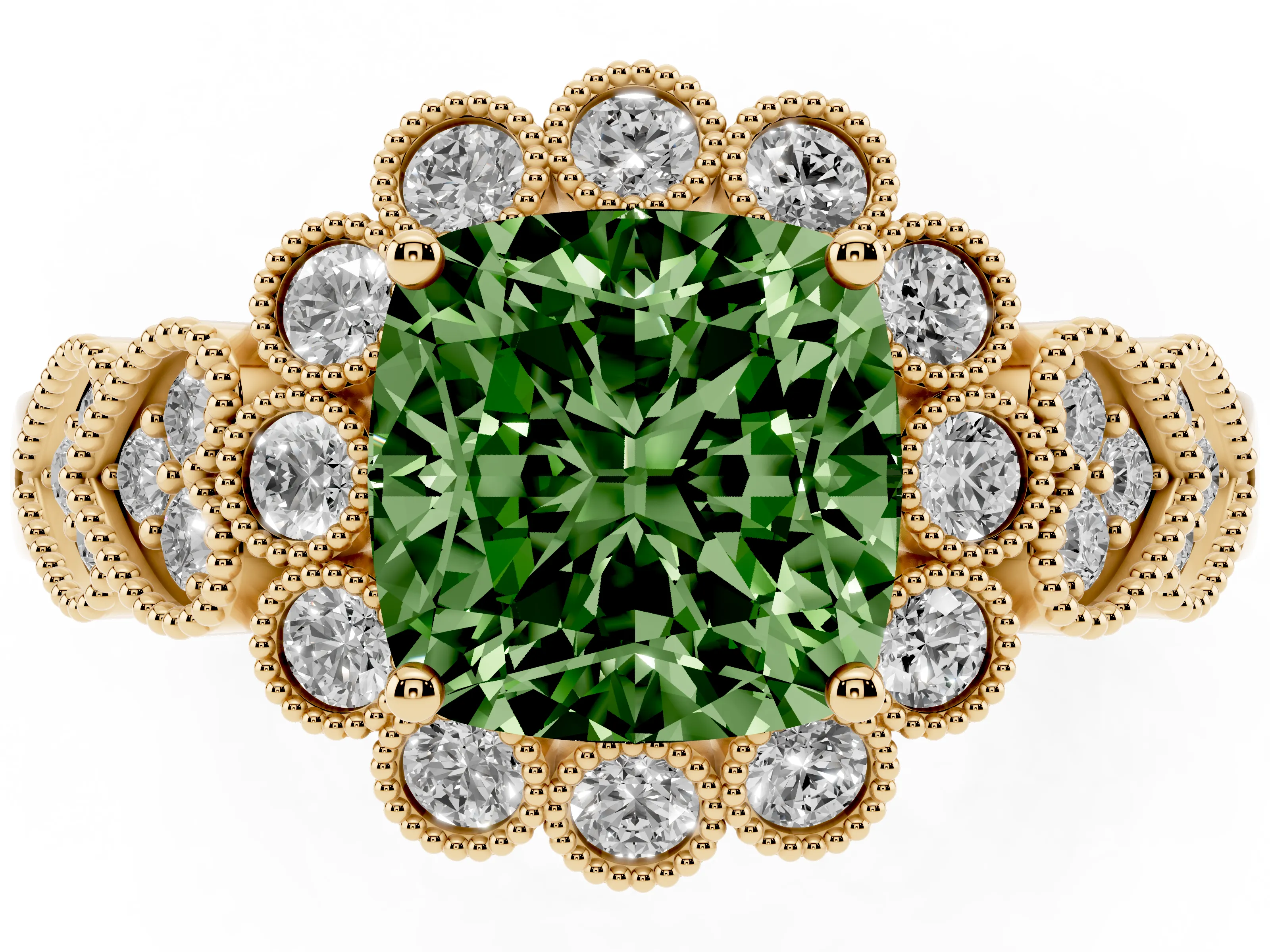 Fancy Green Cushion Cut Diamond Solitaire Ring Set in Yellow gold with Milgrain Pavé Heart Band