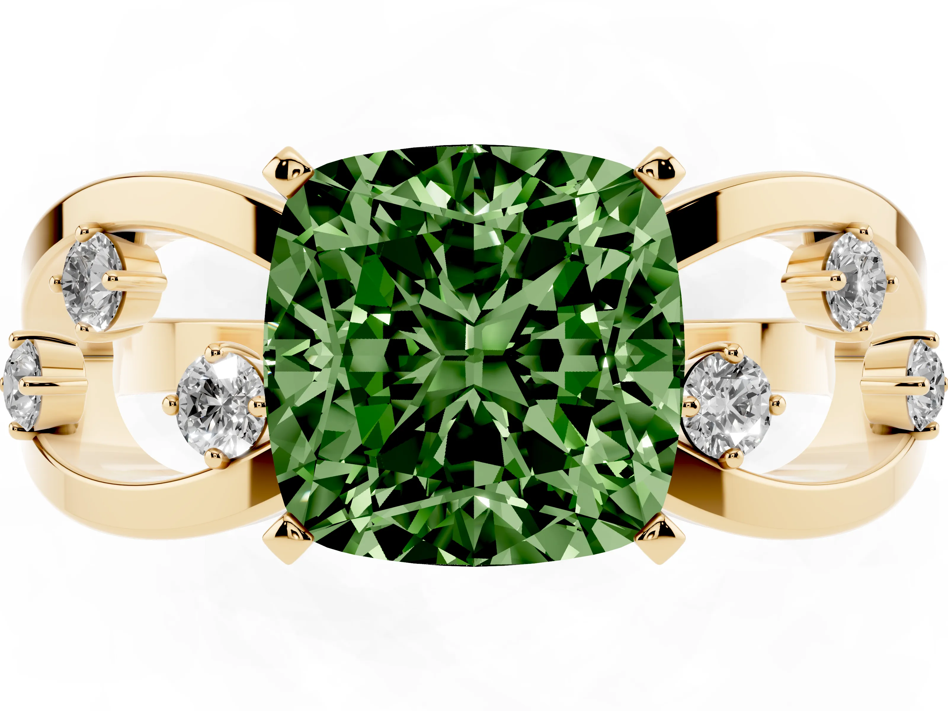 Fancy Green Cushion Cut Diamond Solitaire Ring Set in Yellow gold with Side Stones on Criss-Cross Band and Prong Setting
